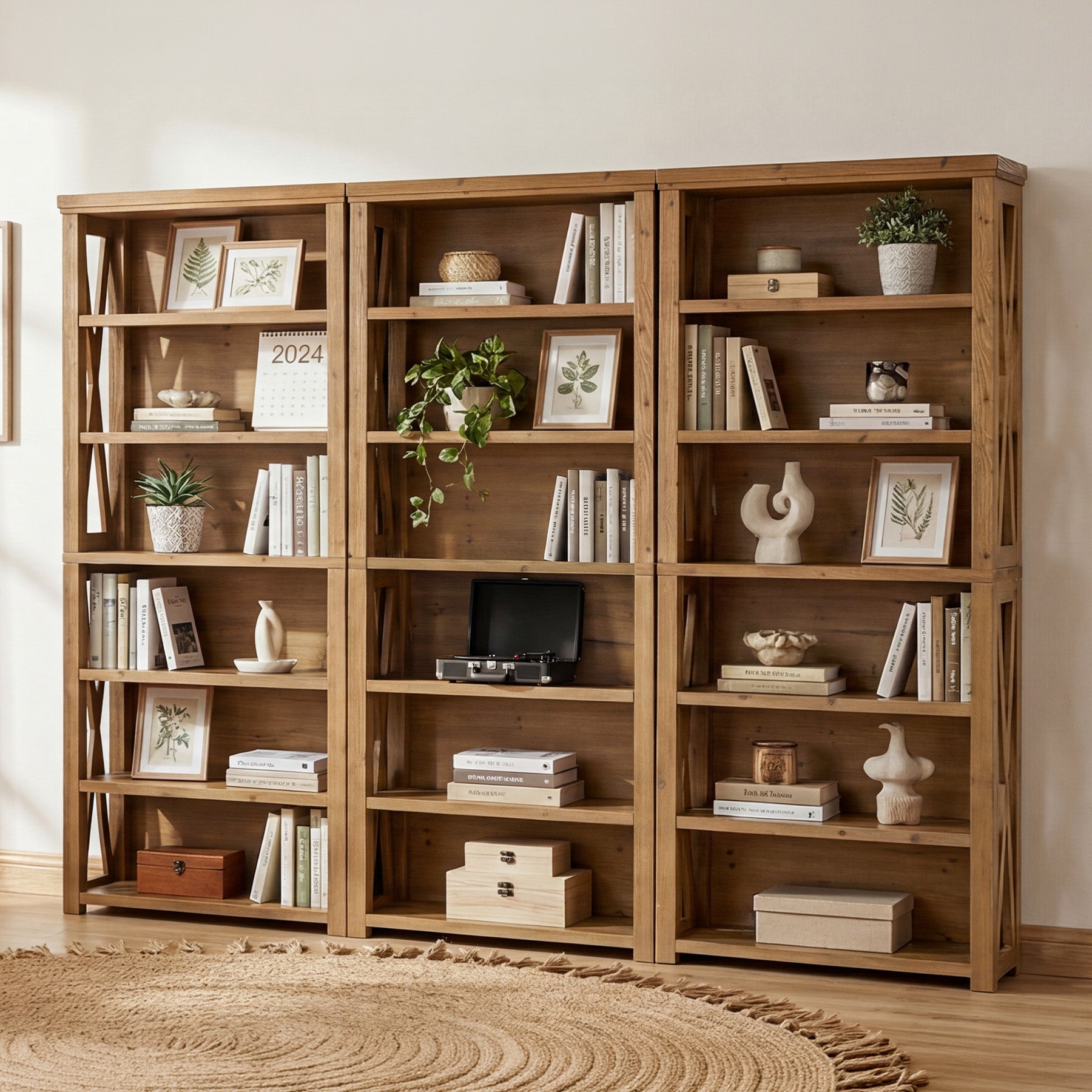 72" Tall Bookshelf, 6-Tier Solid Wood Bookcase with Open Shelves