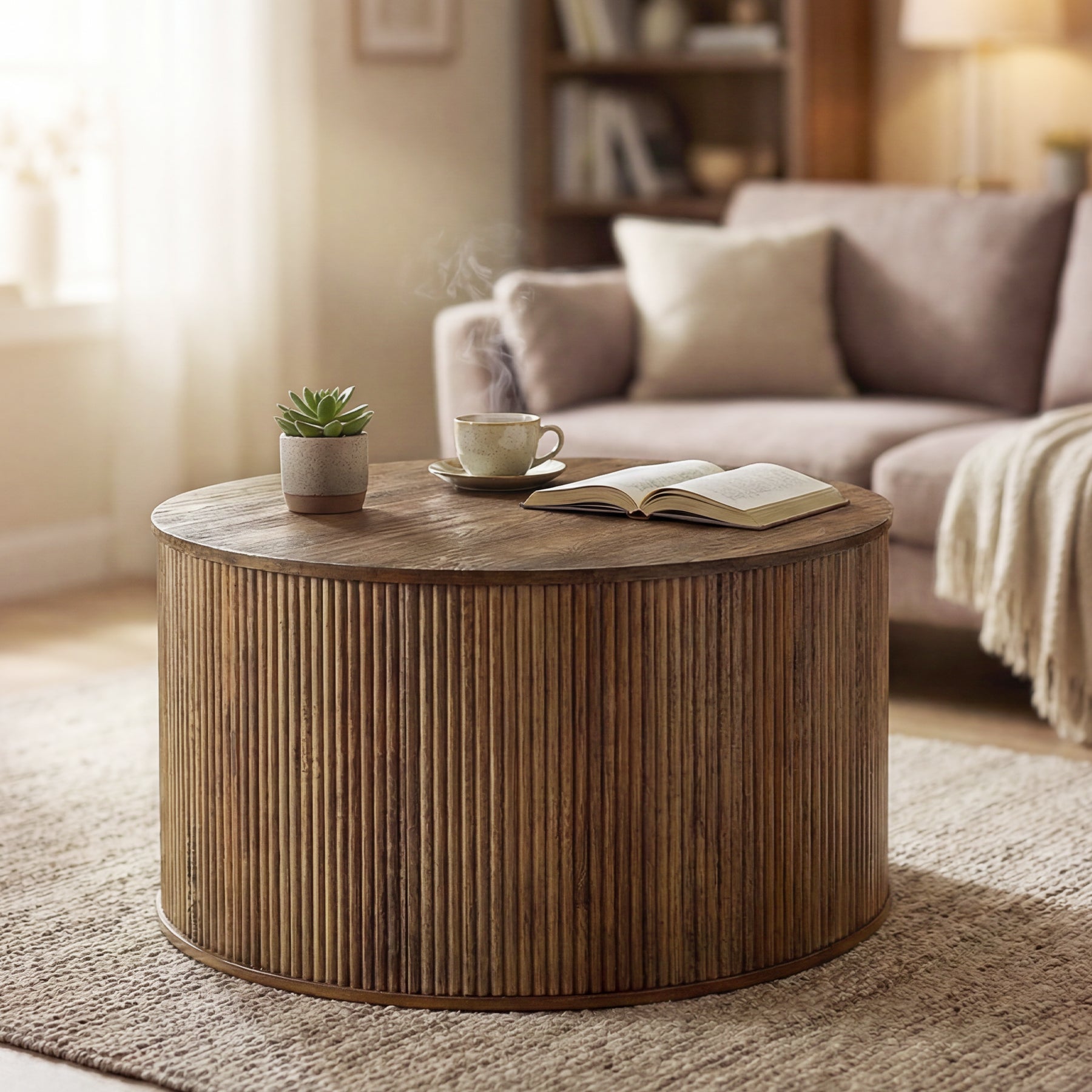 31.5" Round Coffee Table, Modern Center Table with Wooden Veneer Top
