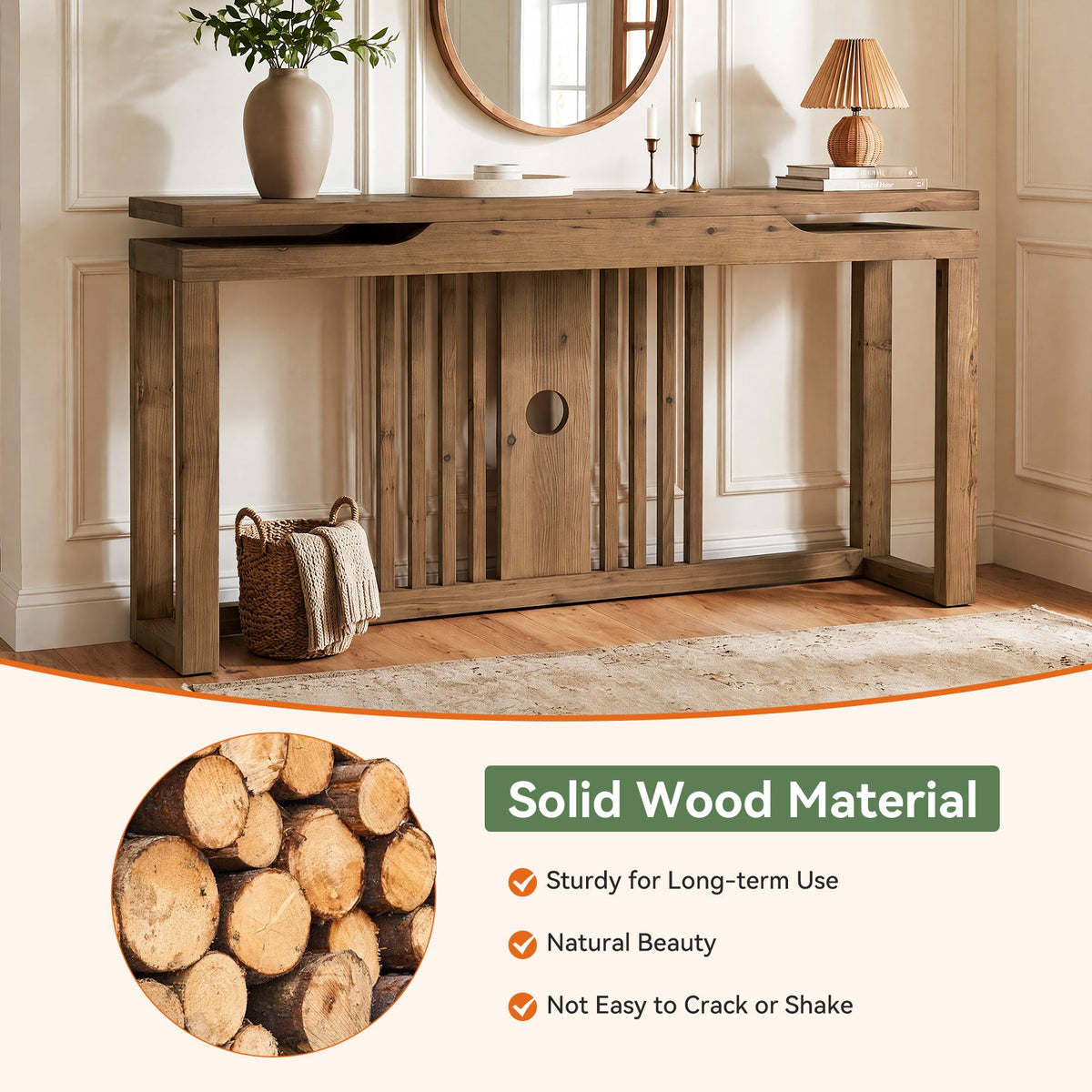 63" Solid Wood Console Table for Entryway, Farmhouse Sofa Table with Slatted Hollow Layered Design