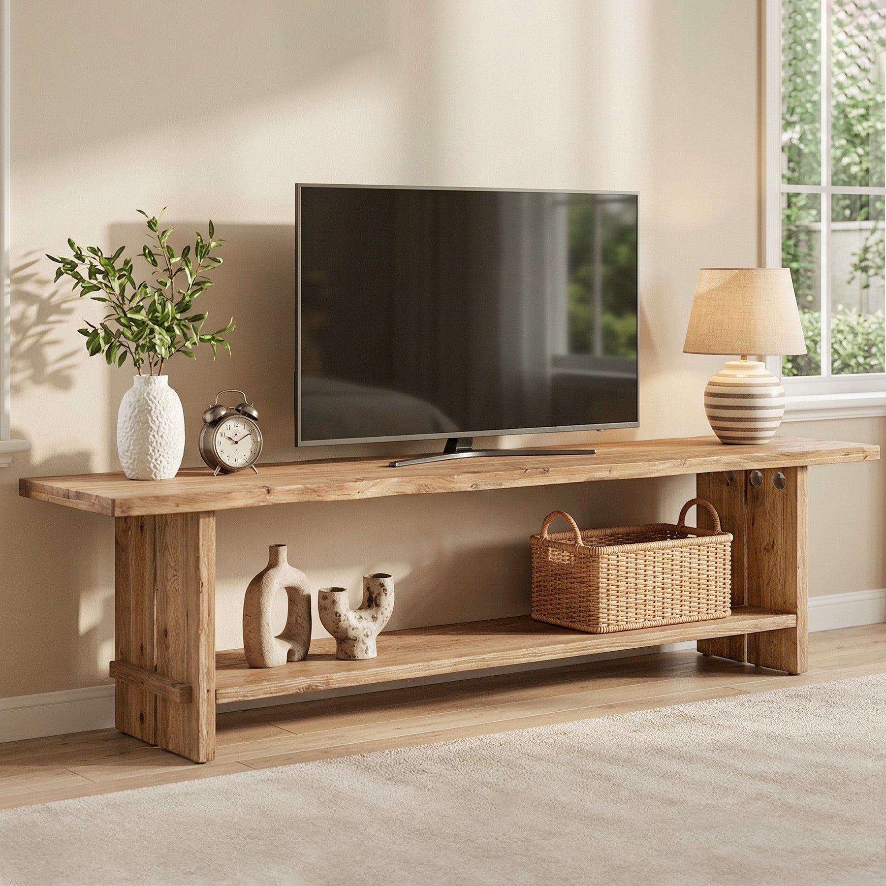 71" Solid Wood TV Stand for 55–85 Inch TVs, Farmhouse Media Console with Storage Shelf, Wooden Entertainment Center