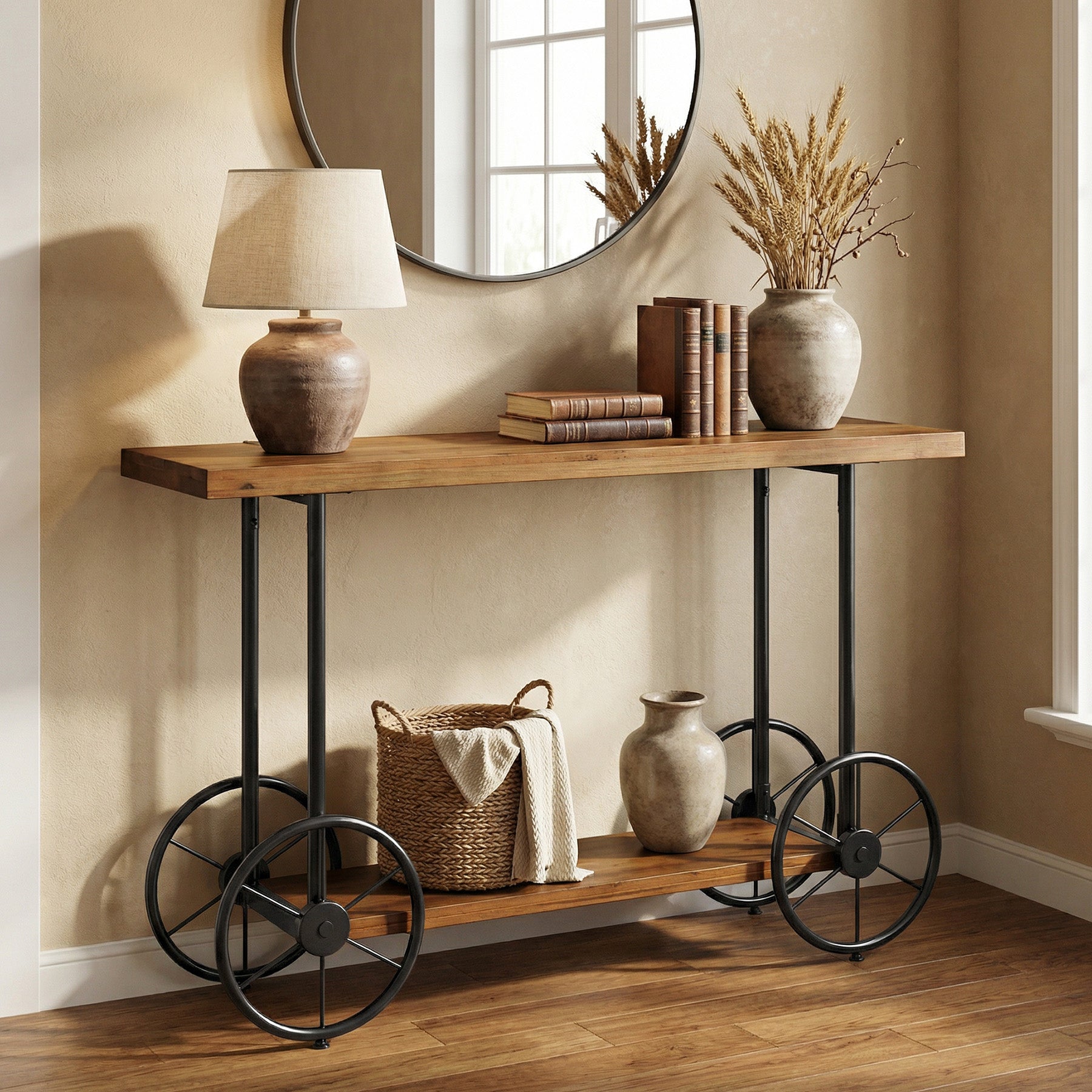 47" Solid Wood Industrial Console Table with 2-Tier Shelves – Narrow Entryway Sofa Table with Metal Base for Hallway or Living Room
