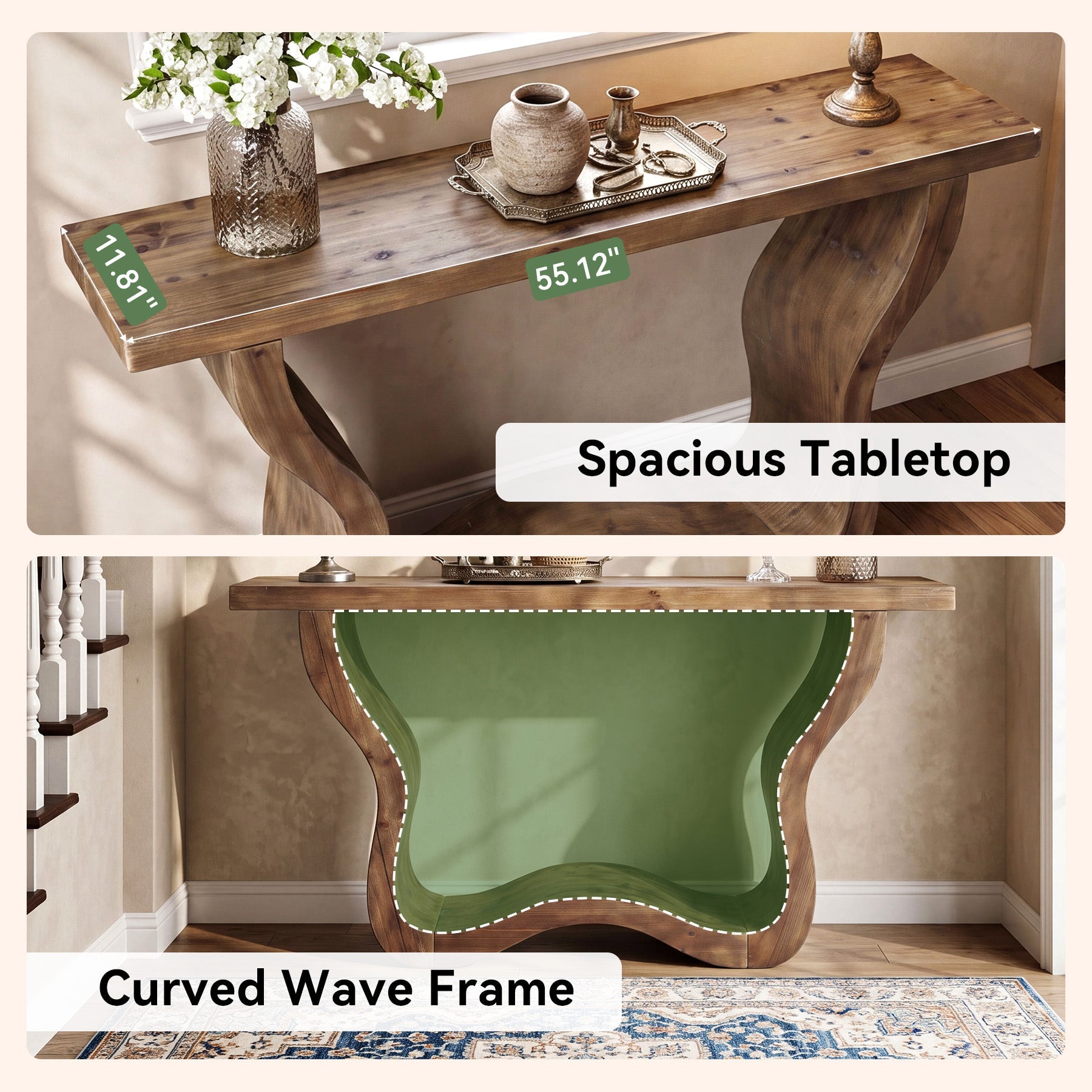55" Solid Wood Farmhouse Console Table, Artistic Entryway Sofa Table for Hallway & Living Room