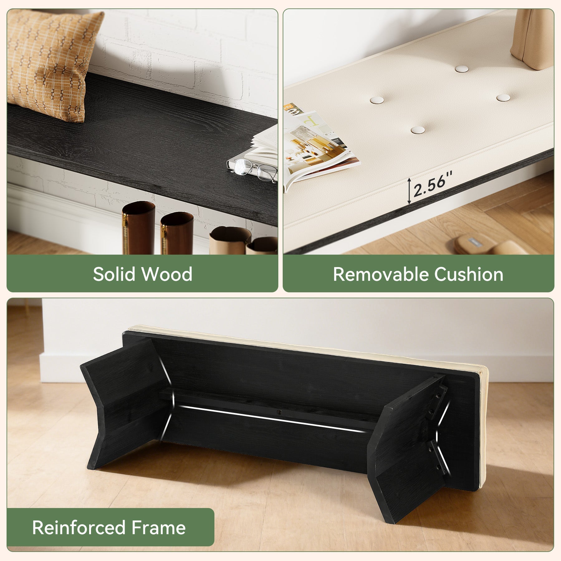 Solid Wood Entryway Bench, 55" Shoe Bench with Removable Cushion