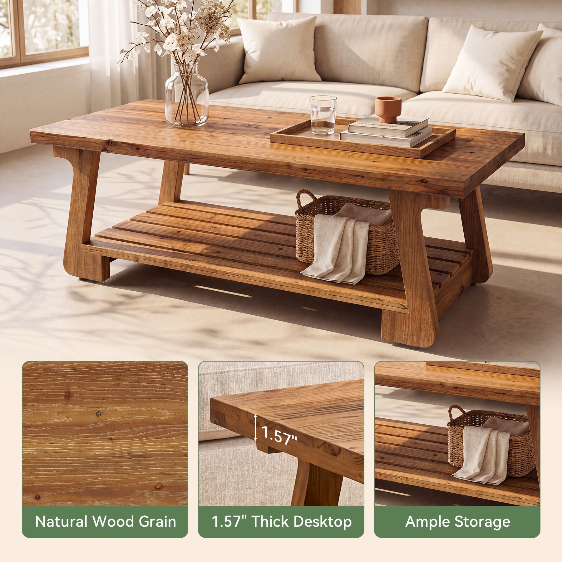 55" Solid Wood Coffee Table, 2-Tier Center Tea Table with Storage Shelf for Living Room