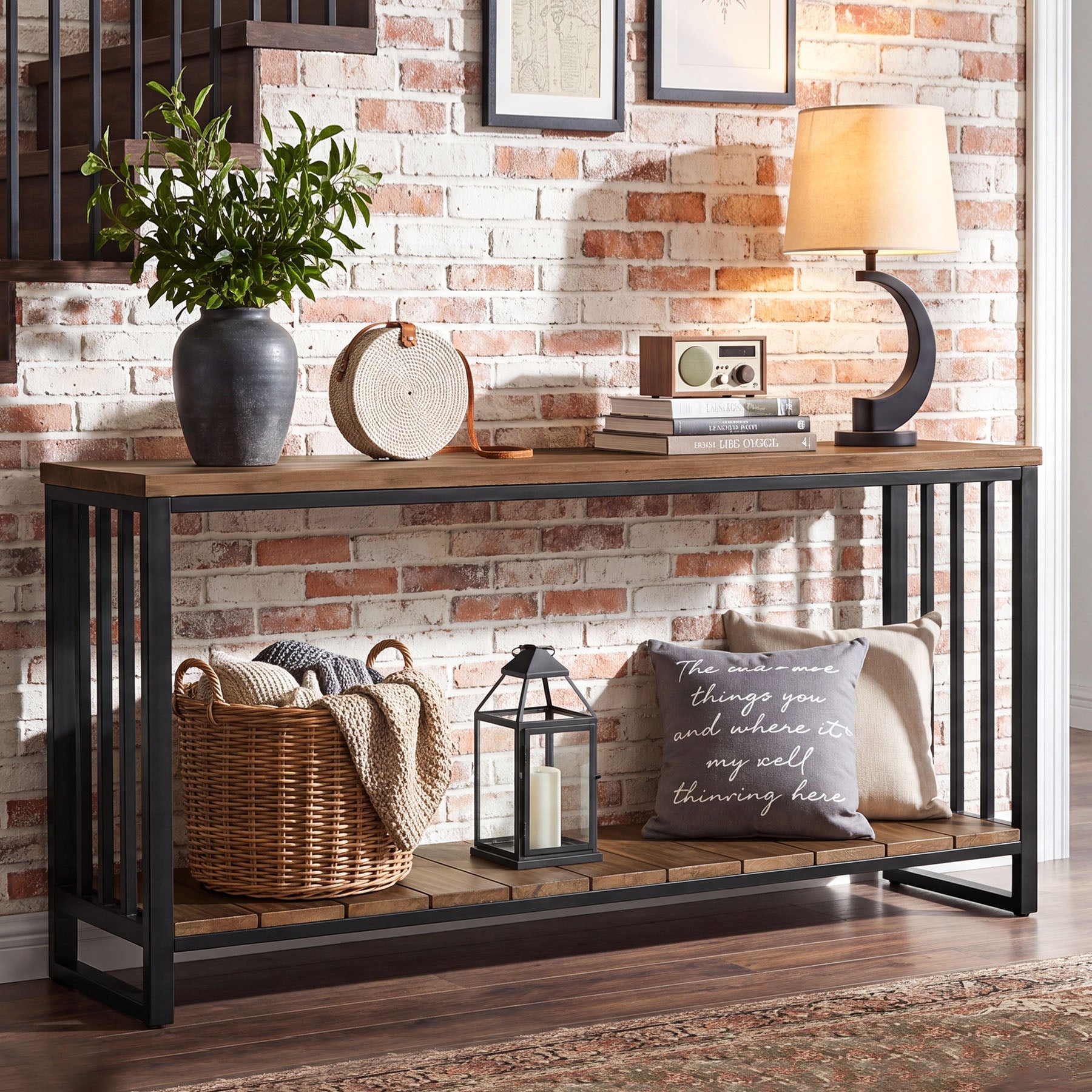 55" Solid Wood Console Table, 2-Tier Entryway Sofa Table with Metal Frame for Hallway & Living Room