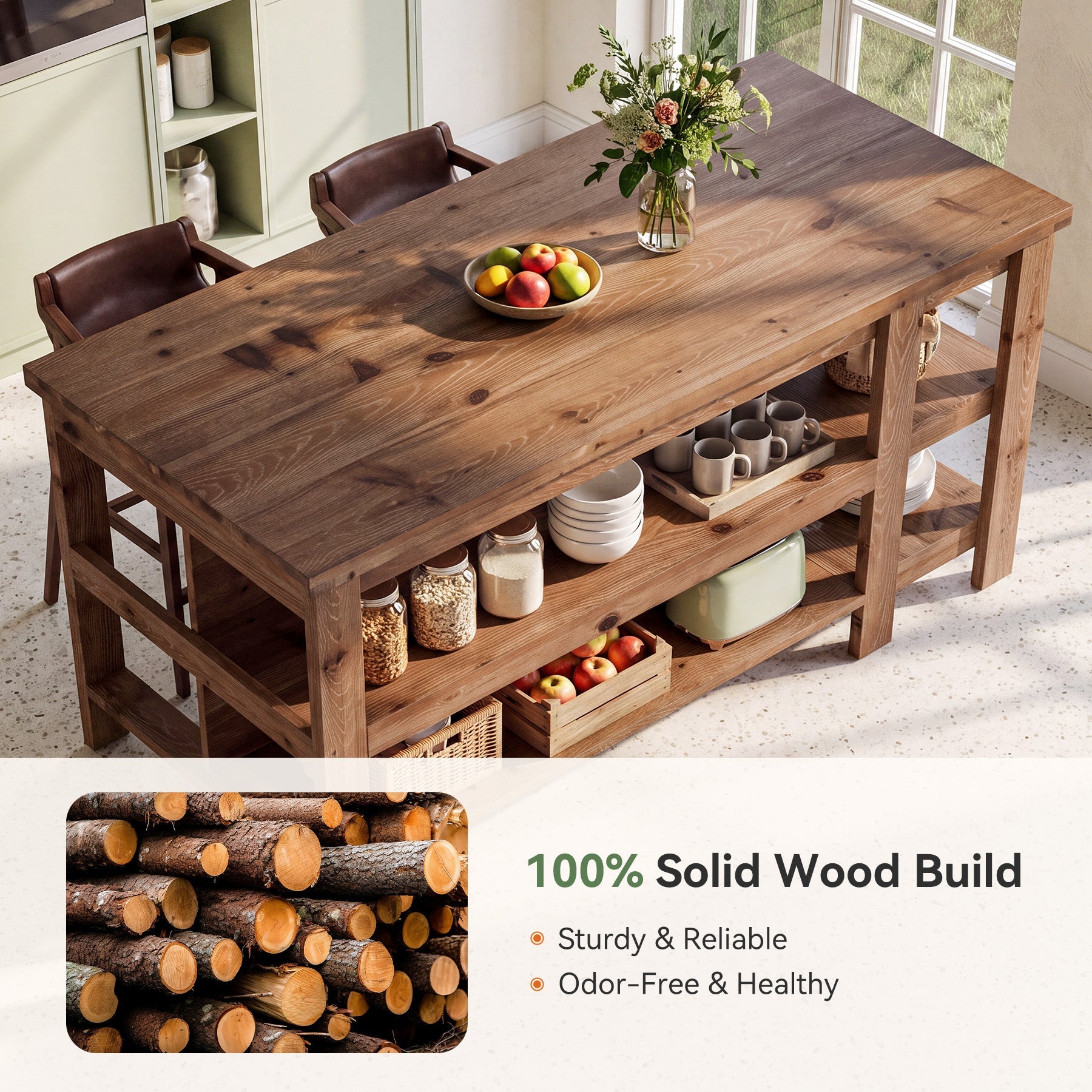 61" Farmhouse Kitchen Island with Storage, 3-Tier Solid Wood, Freestanding Dining Island Table