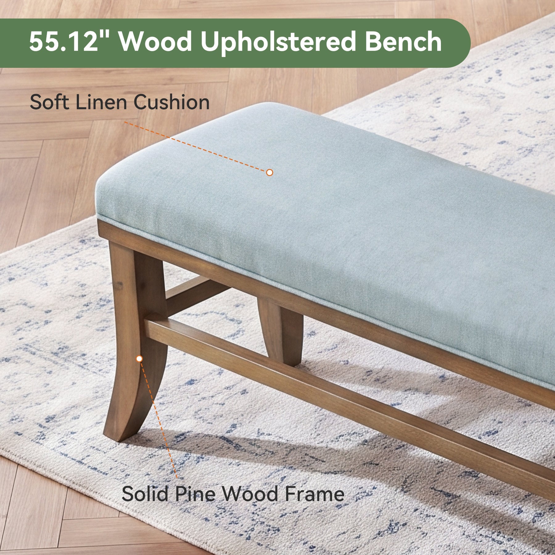 Solid Wood Upholstered Dining Bench, 55" Padded Kitchen Bench Seats 2-3 People