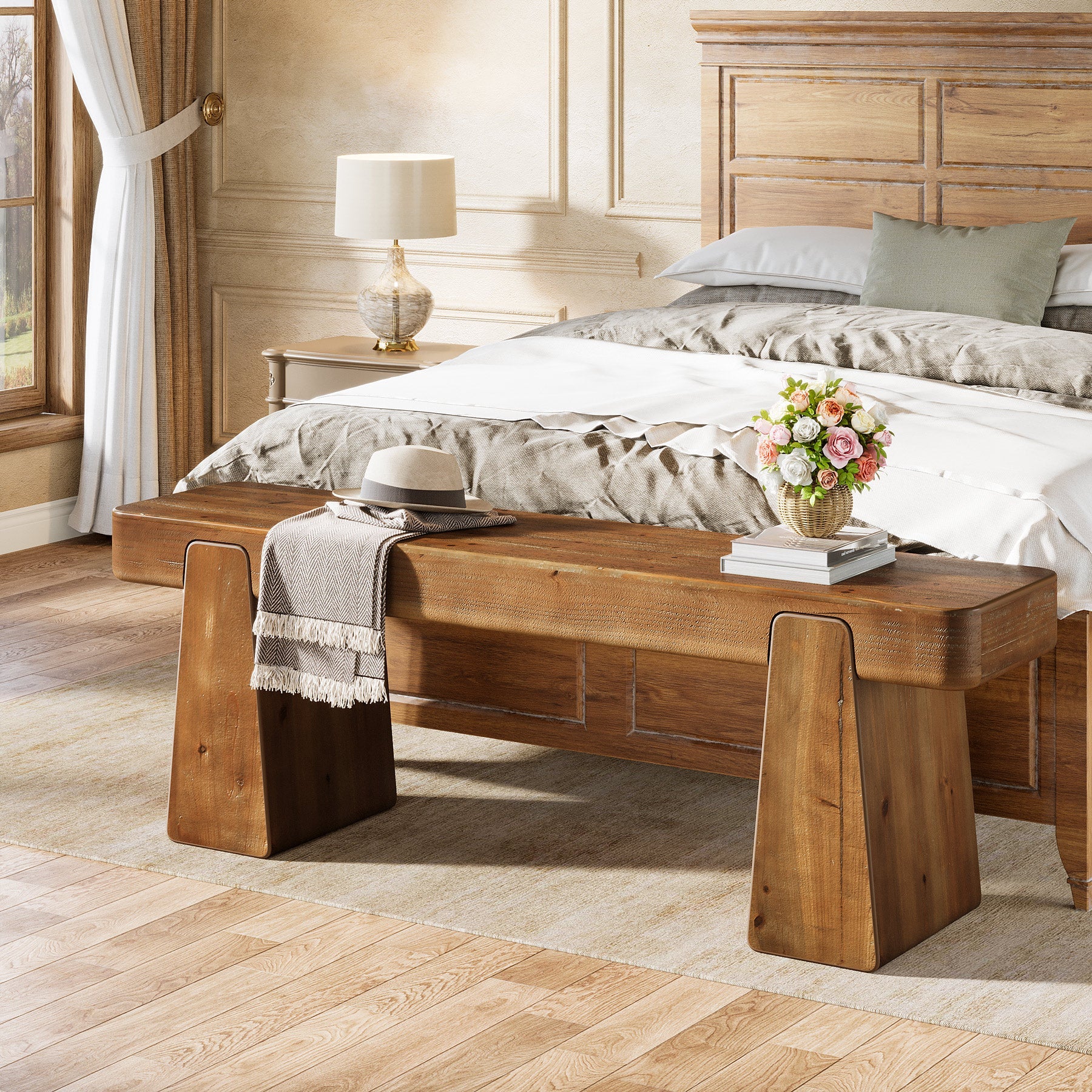 47" Solid Wood Entryway Bench, Farmhouse Shoe Bench with Thickened Legs