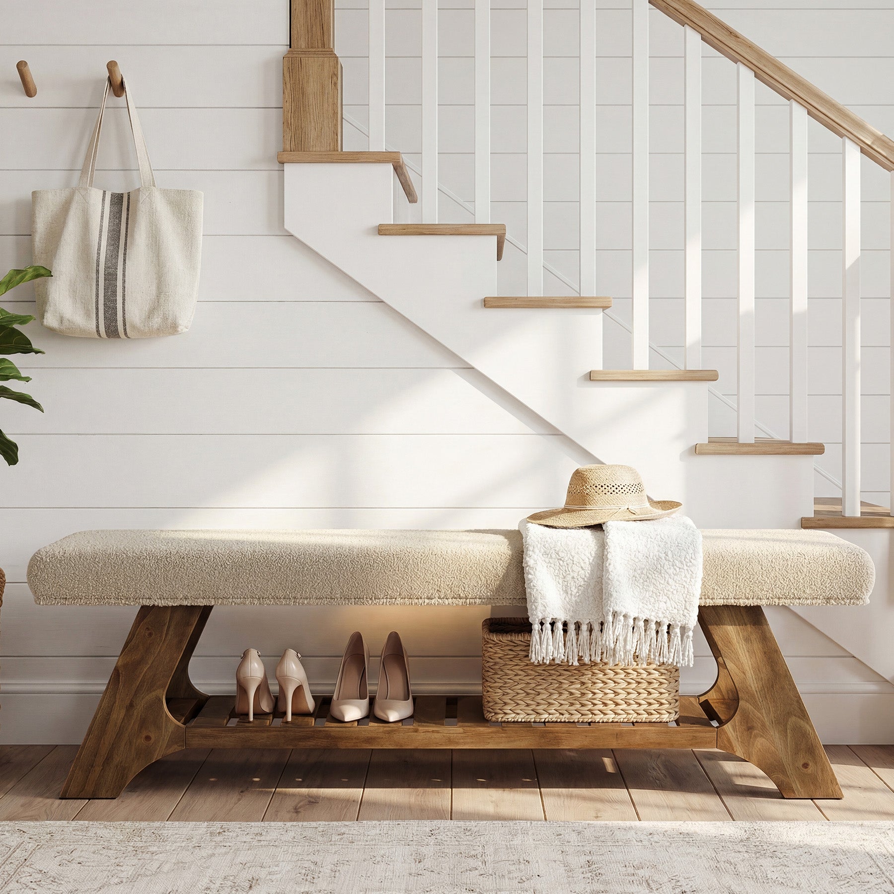55" Solid Wood Upholstered Bench, 2-Tier Entryway Shoe Storage Bench