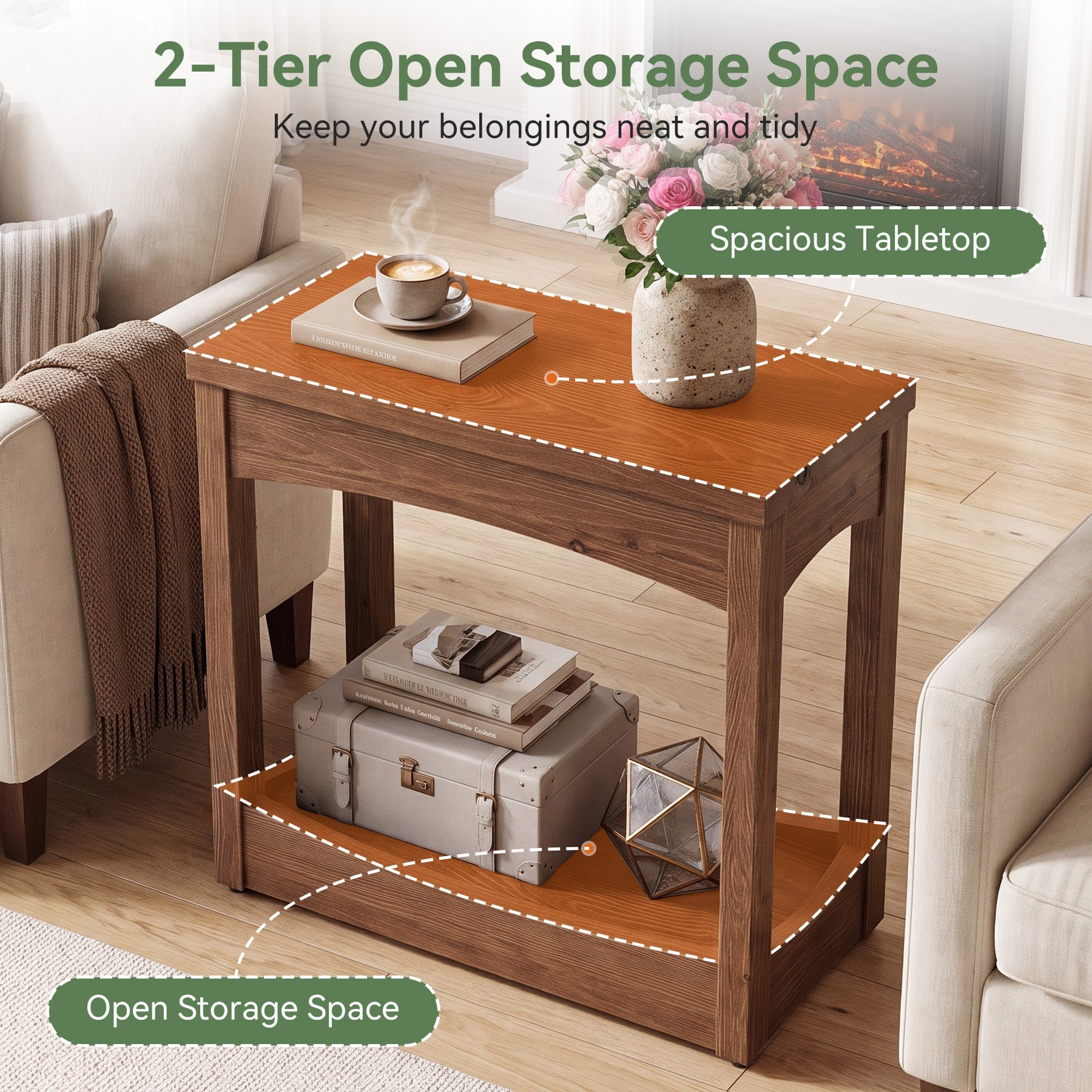 23.62" Solid Wood End Table, Rectangle Side Table with 2-Tier Shelf for Small Spaces