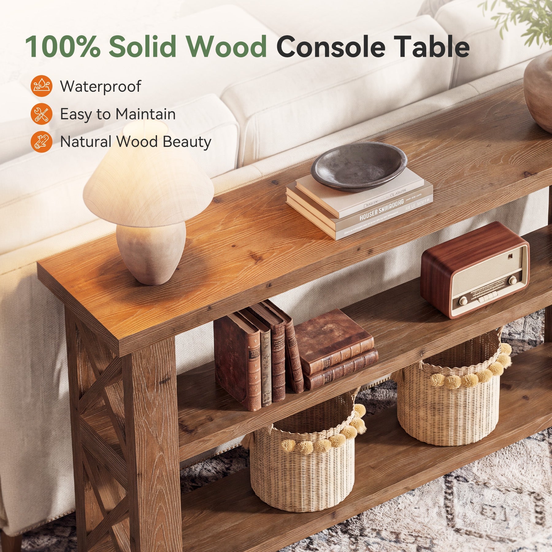 3-Tier Solid Wood Console Table, 63" Sofa Table Behind the Couch for Entryway, Living Room