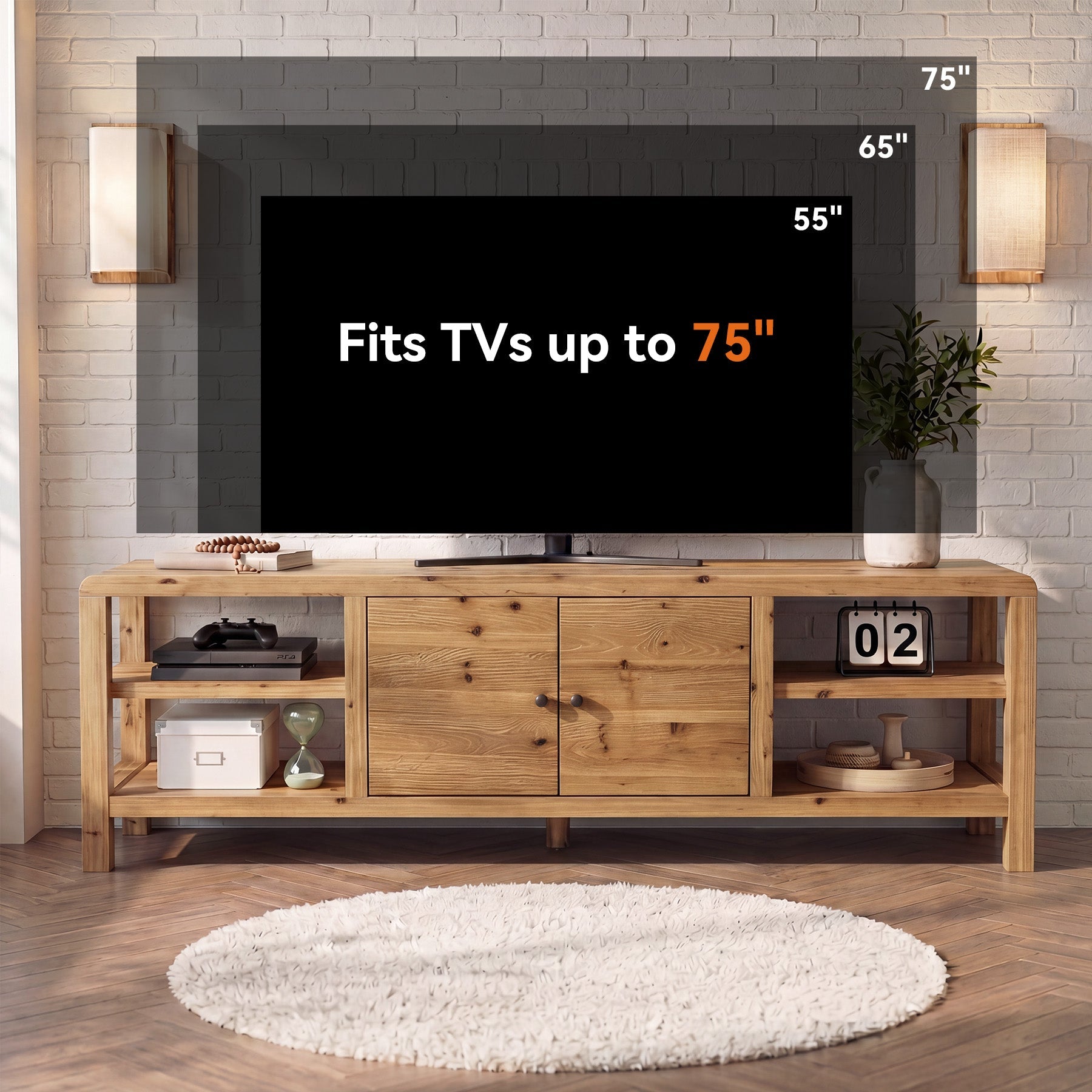 70.9-Inch Solid Wood TV Stand with Door and Storage Shelves, Farmhouse Entertainment Center for TVs up to 80 Inches