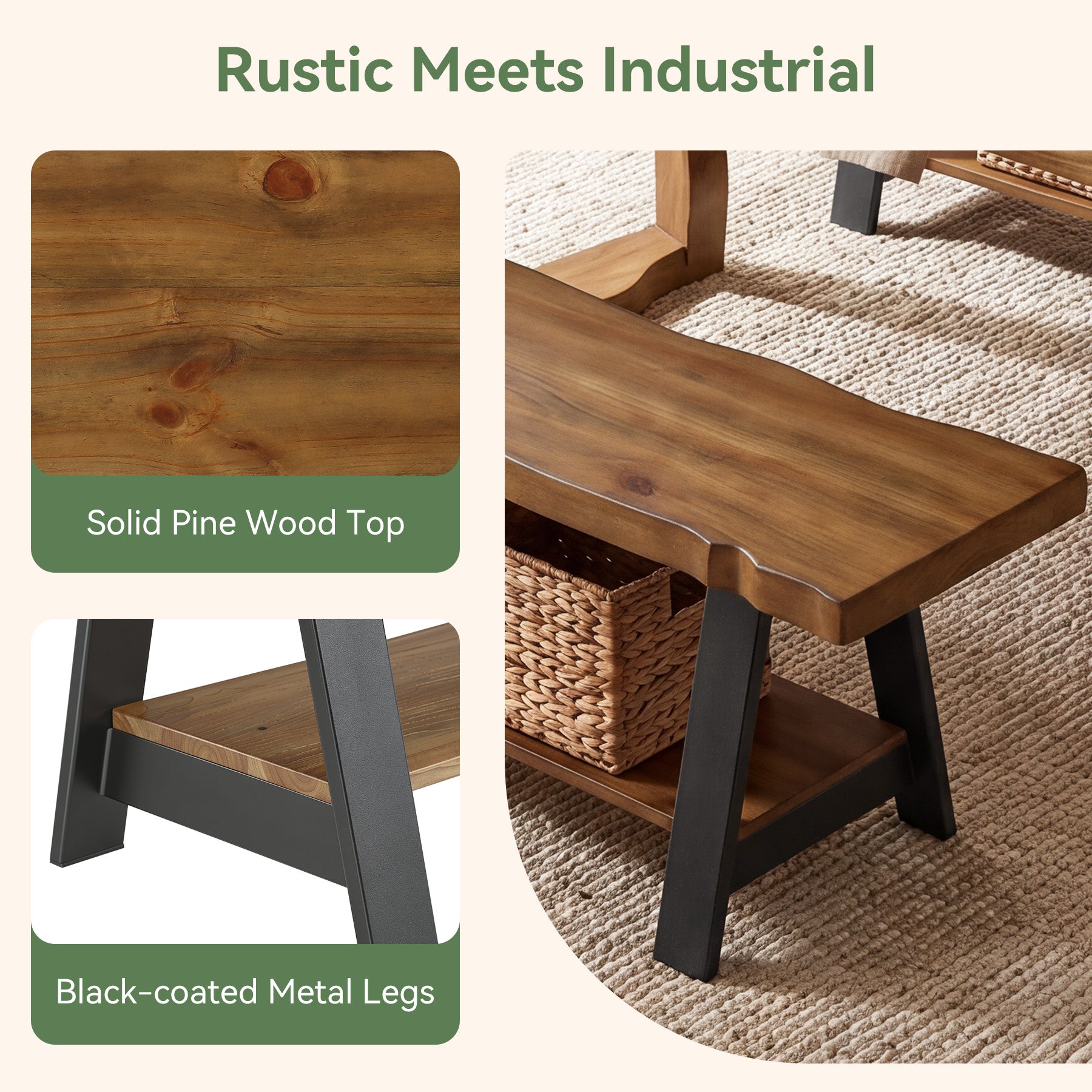 55" Solid Wood Dining Bench, Live Edge Dining Seat with Storage Shelf & Metal Legs
