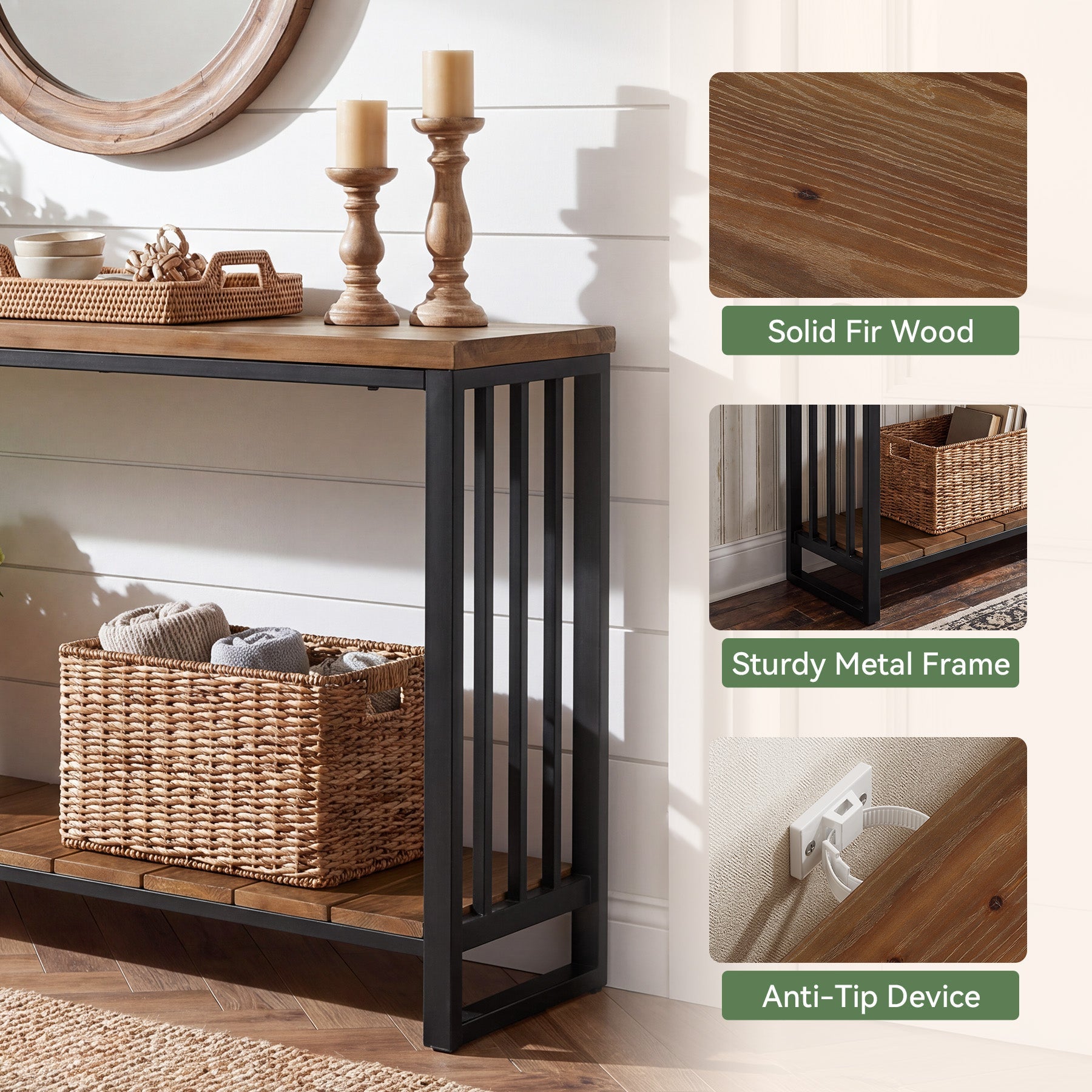 55" Solid Wood Console Table, 2-Tier Entryway Sofa Table with Metal Frame for Hallway & Living Room