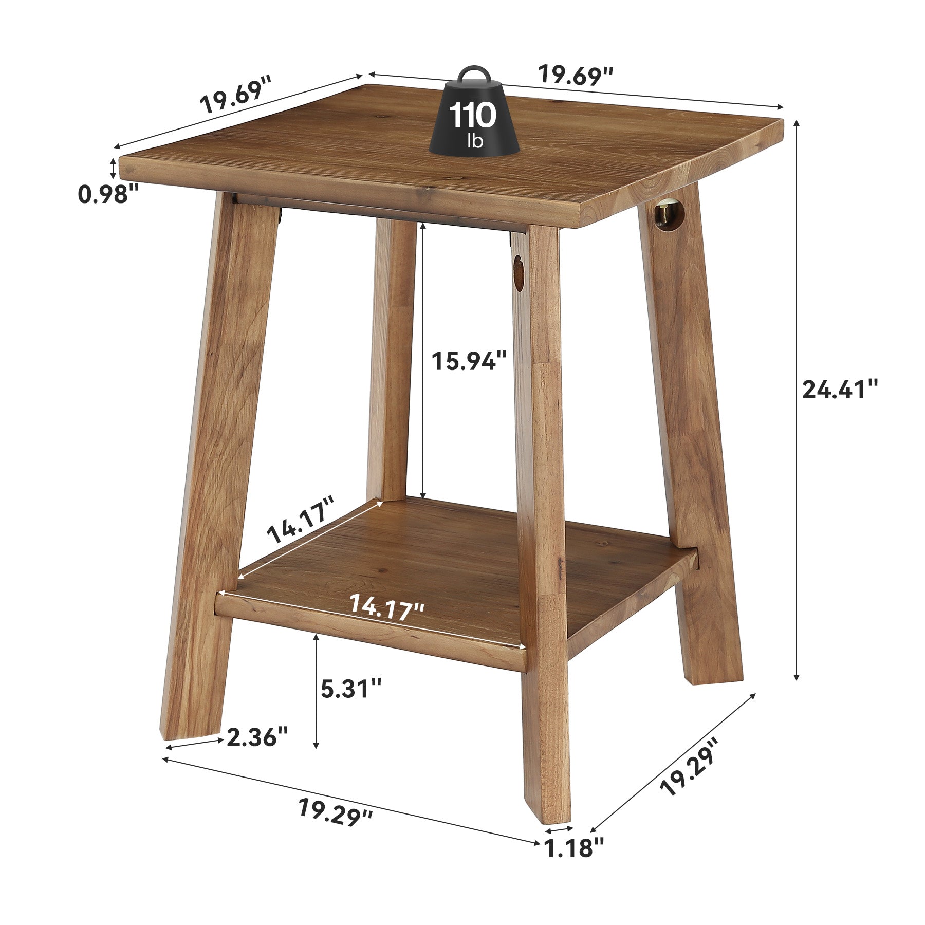 19.69" Solid Wood End Table, Small Side Table with 2-Tier Storage Shelf for Living Room