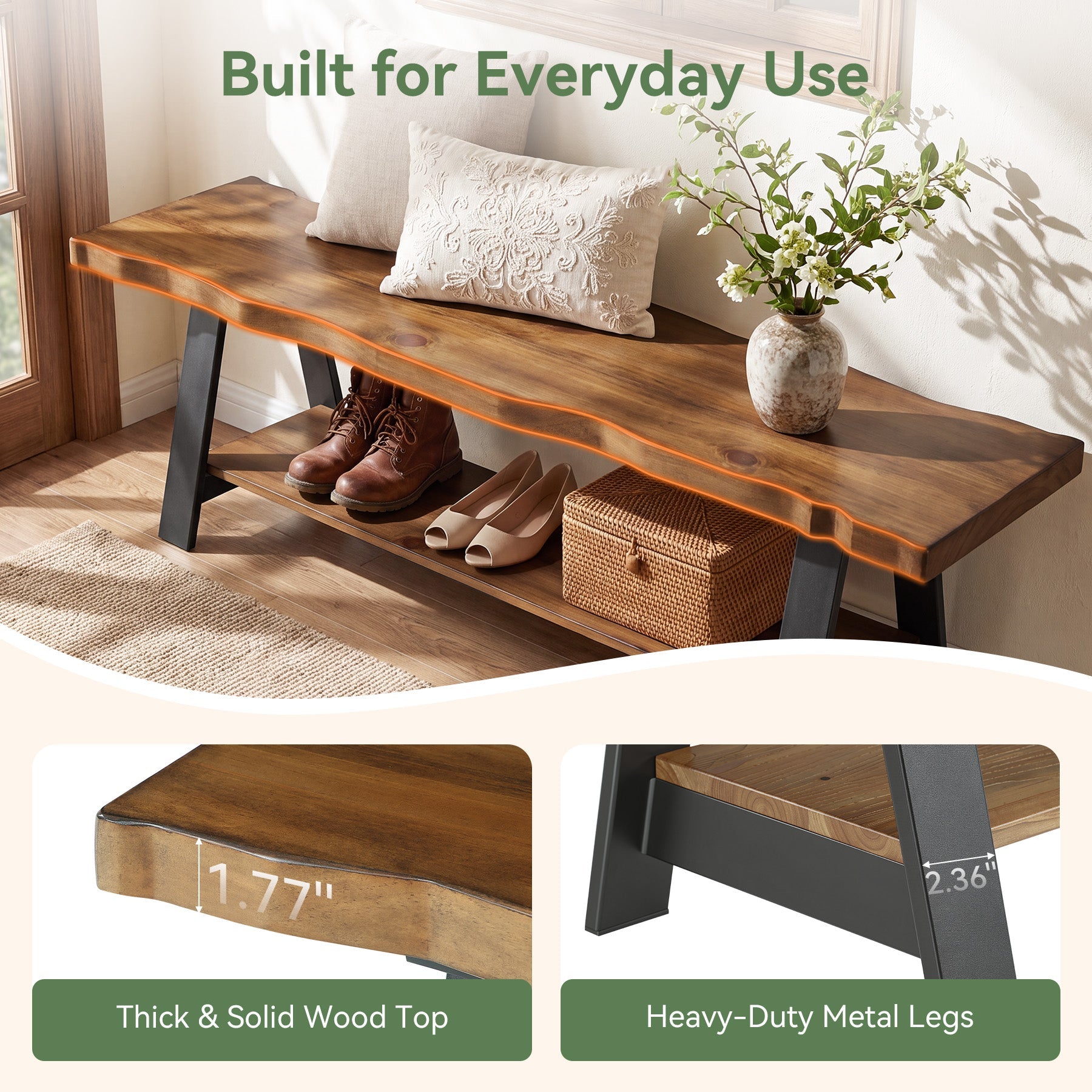 55" Solid Wood Entryway Bench, Farmhouse Shoe Bench with Under Storage Shelf