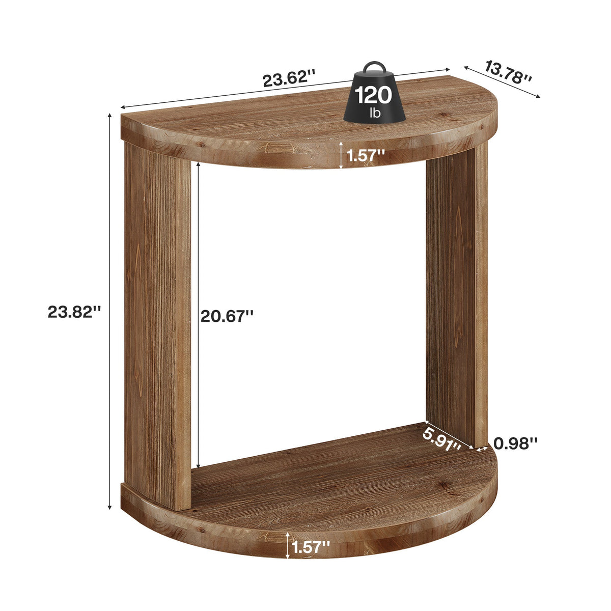 Half Moon Nightstand, Solid Wood Farmhouse Bedside Table with 2-Tier Storage Shelves, Bedroom Living Room