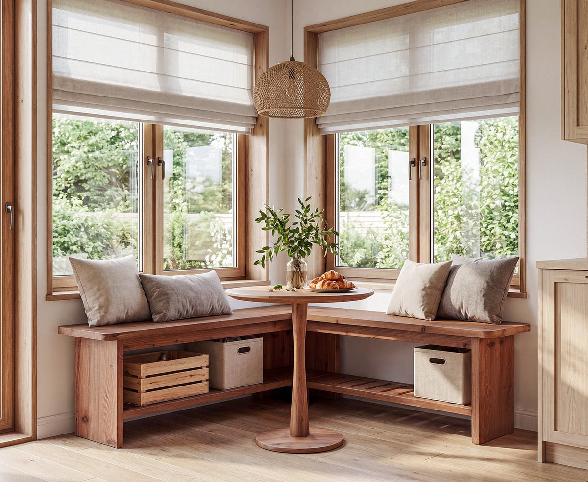 47" L-Shaped Breakfast Nook Bench, Solid Wood Corner Dining Bench with Storage Shelf