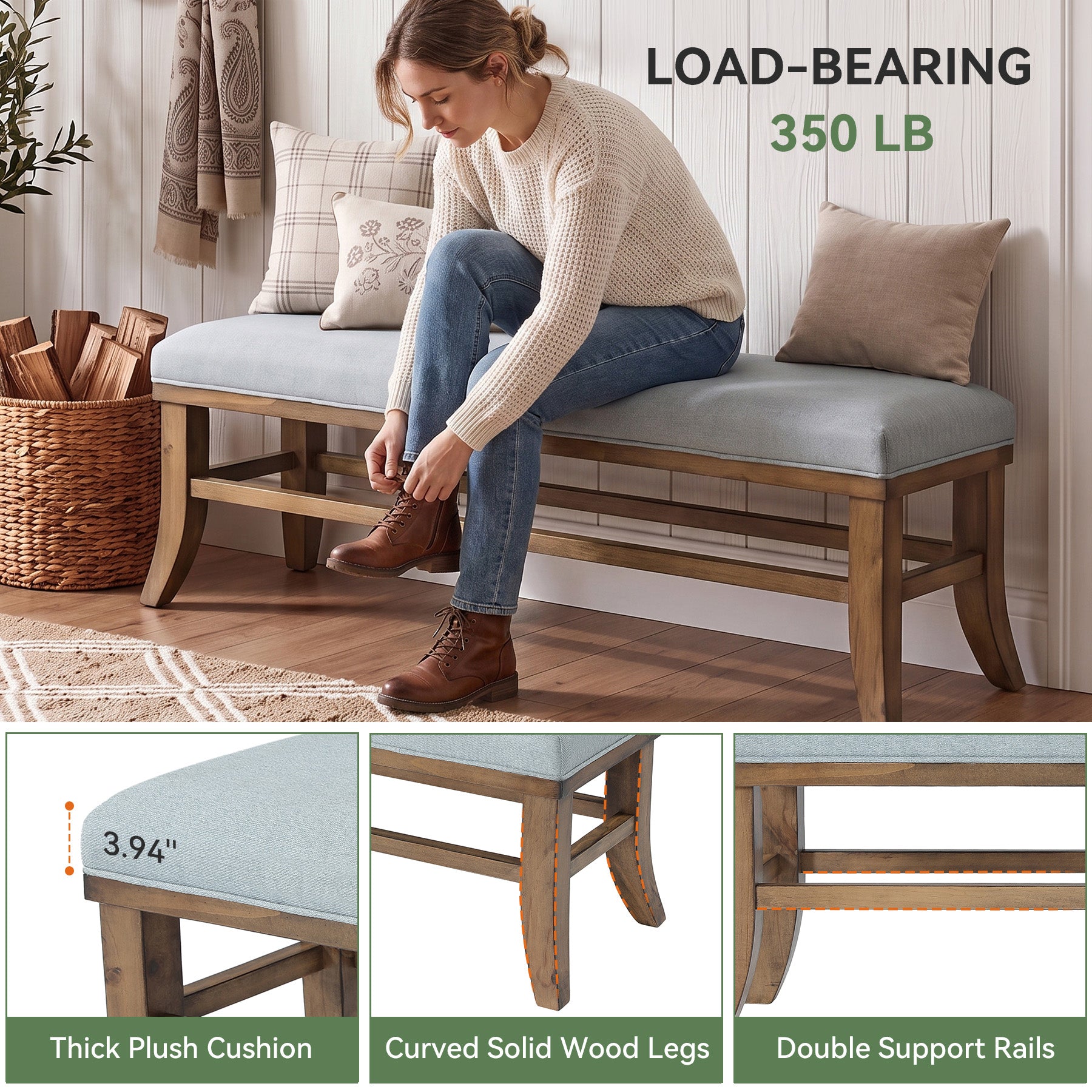 55" Upholstered Entryway Bench, Solid Wood Linen Bedroom Bench for Hallway