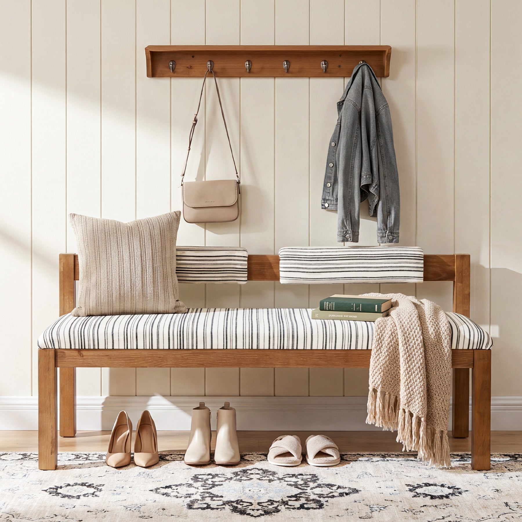 Wood Dining Bench, 55" Upholstered Kitchen Bench with Backrest & Chenille Cushion