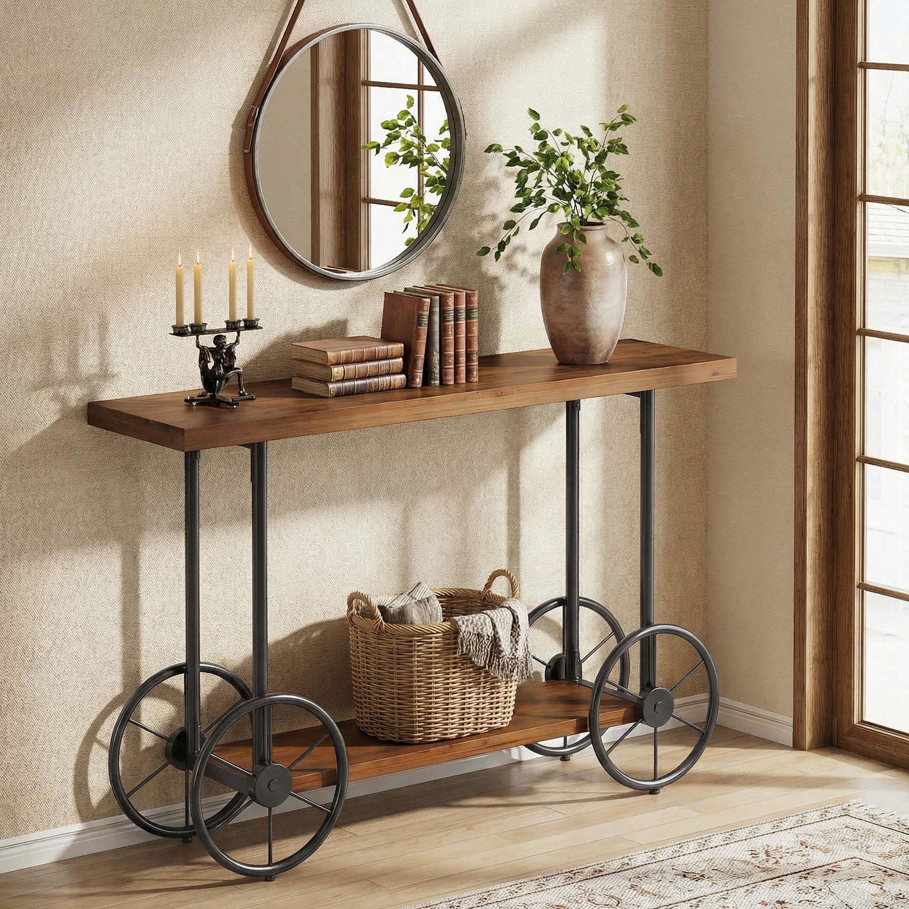 47" Solid Wood Industrial Console Table with 2-Tier Shelves – Narrow Entryway Sofa Table with Metal Base for Hallway or Living Room