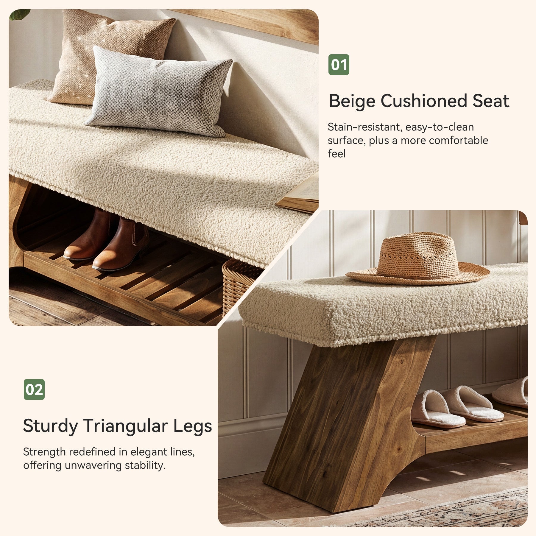 55" Solid Wood Upholstered Bench, 2-Tier Entryway Shoe Storage Bench
