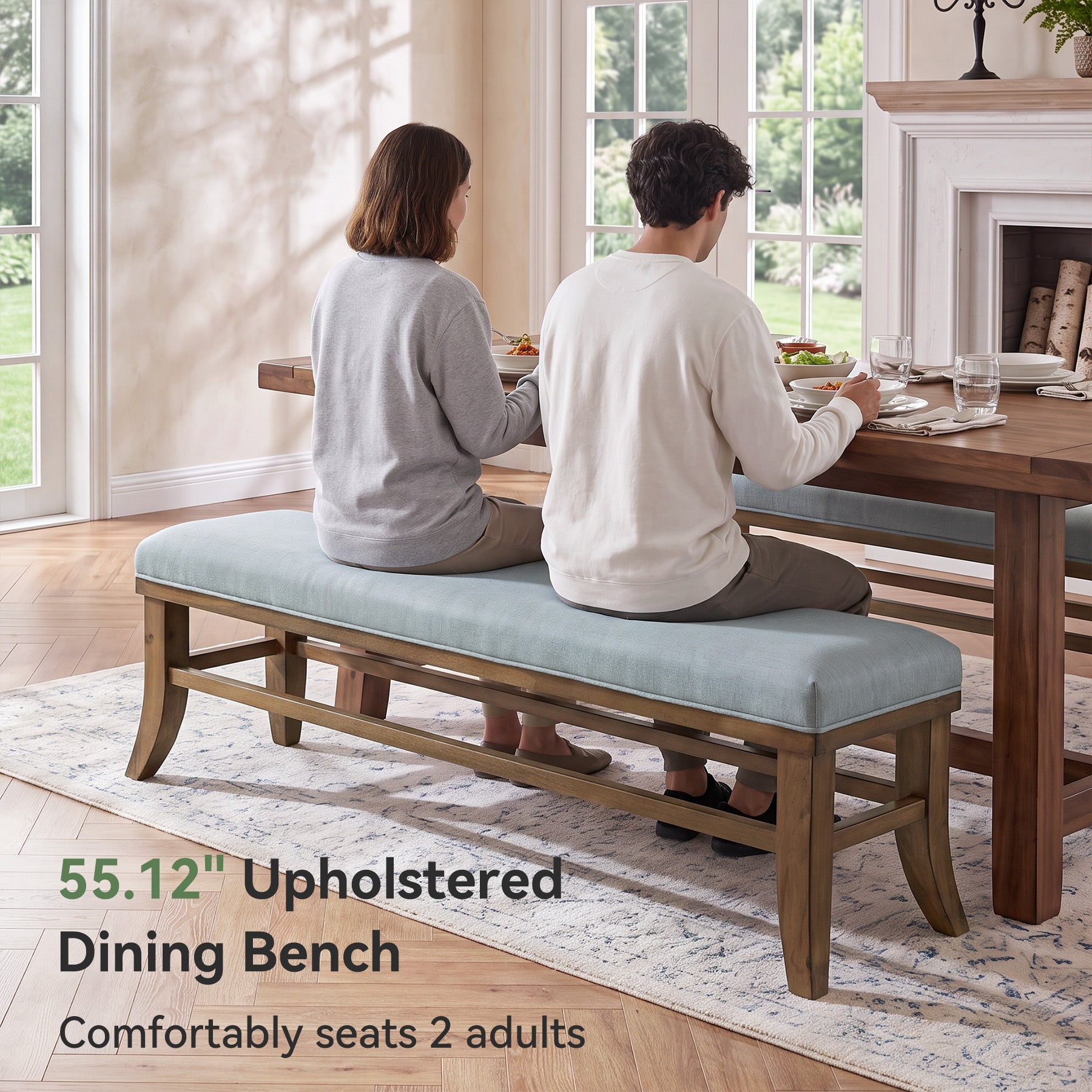 Solid Wood Upholstered Dining Bench, 55" Padded Kitchen Bench Seats 2-3 People