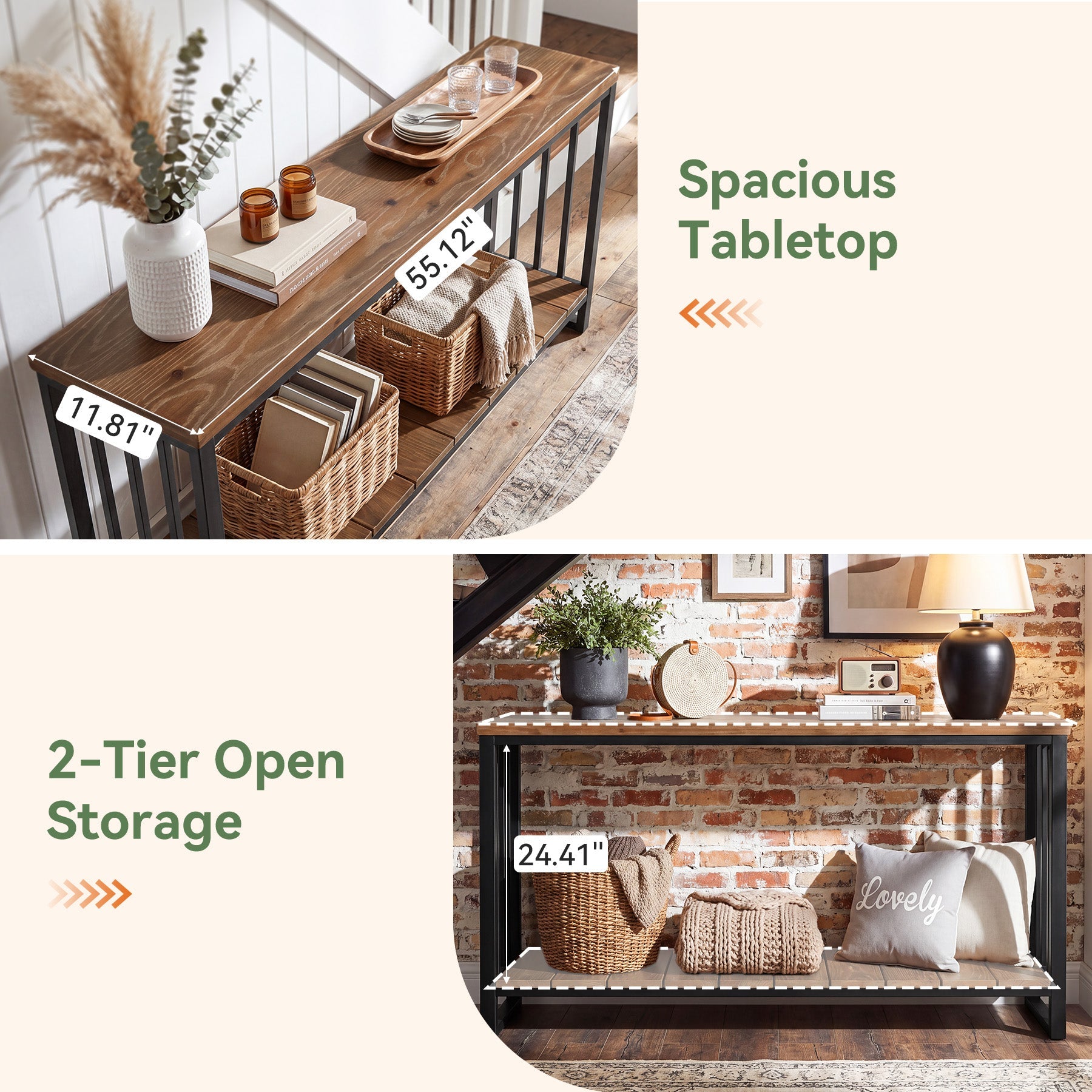 55" Solid Wood Console Table, 2-Tier Entryway Sofa Table with Metal Frame for Hallway & Living Room