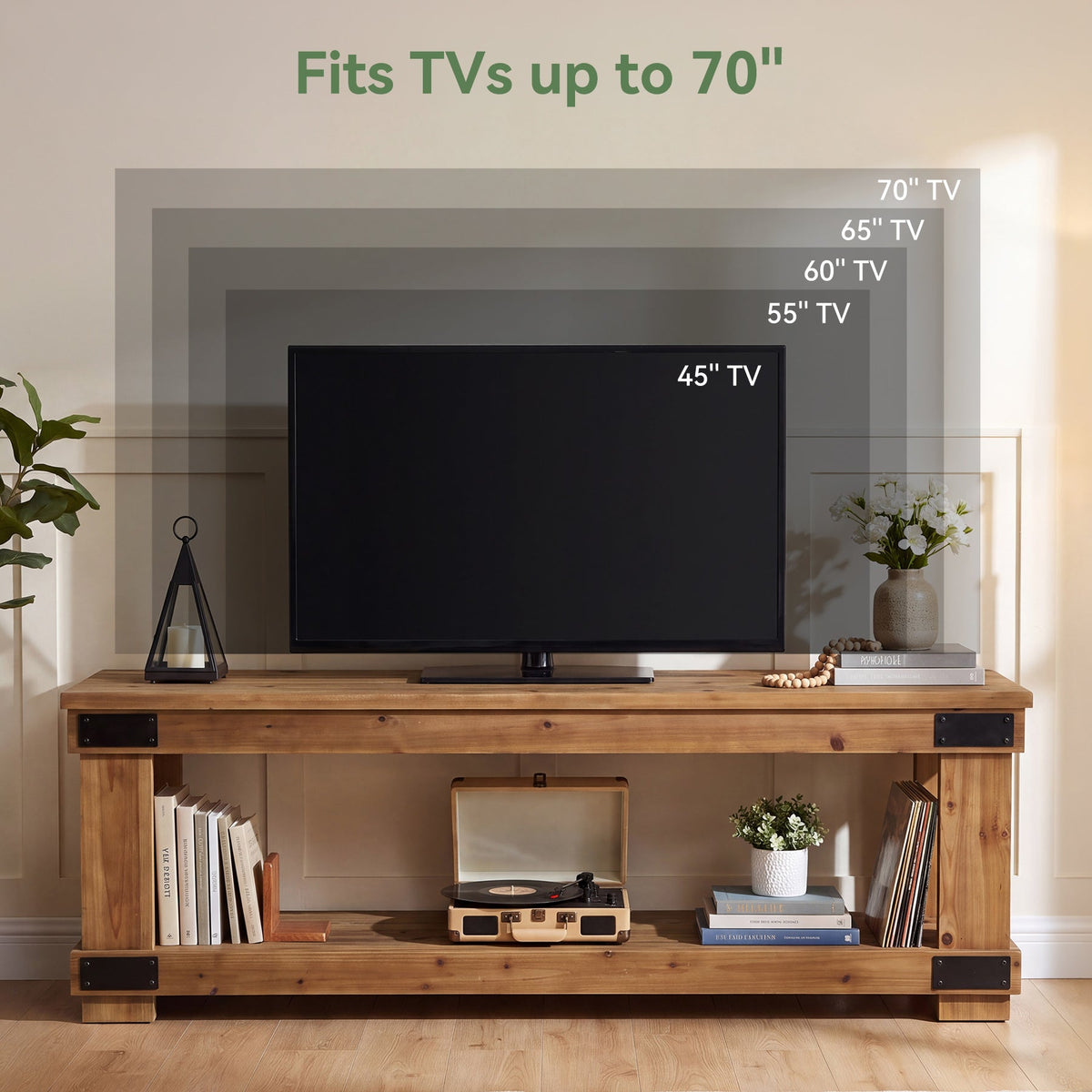 63" Industrial TV Stand, 2-Tier Open Shelf, Solid Wood for 75" TV
