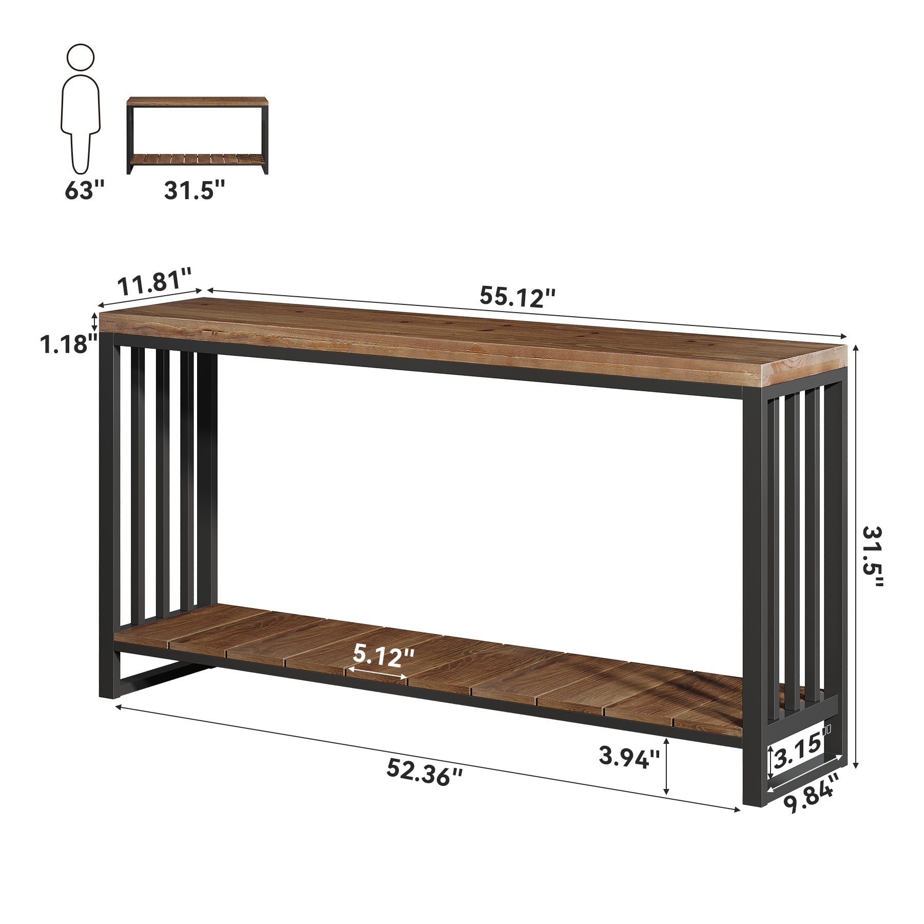 55" Solid Wood Console Table, 2-Tier Entryway Sofa Table with Metal Frame for Hallway & Living Room