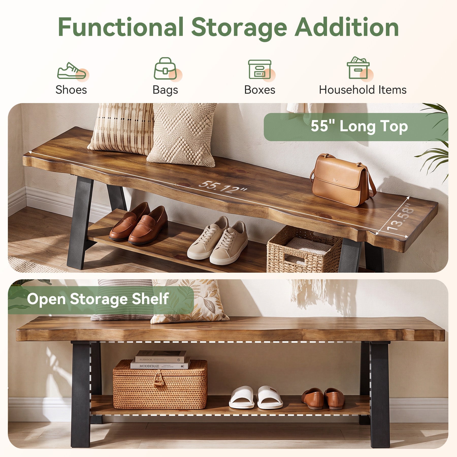 55" Solid Wood Entryway Bench, Farmhouse Shoe Bench with Under Storage Shelf