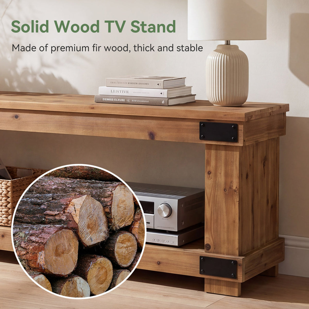 63" Industrial TV Stand, 2-Tier Open Shelf, Solid Wood for 75" TV