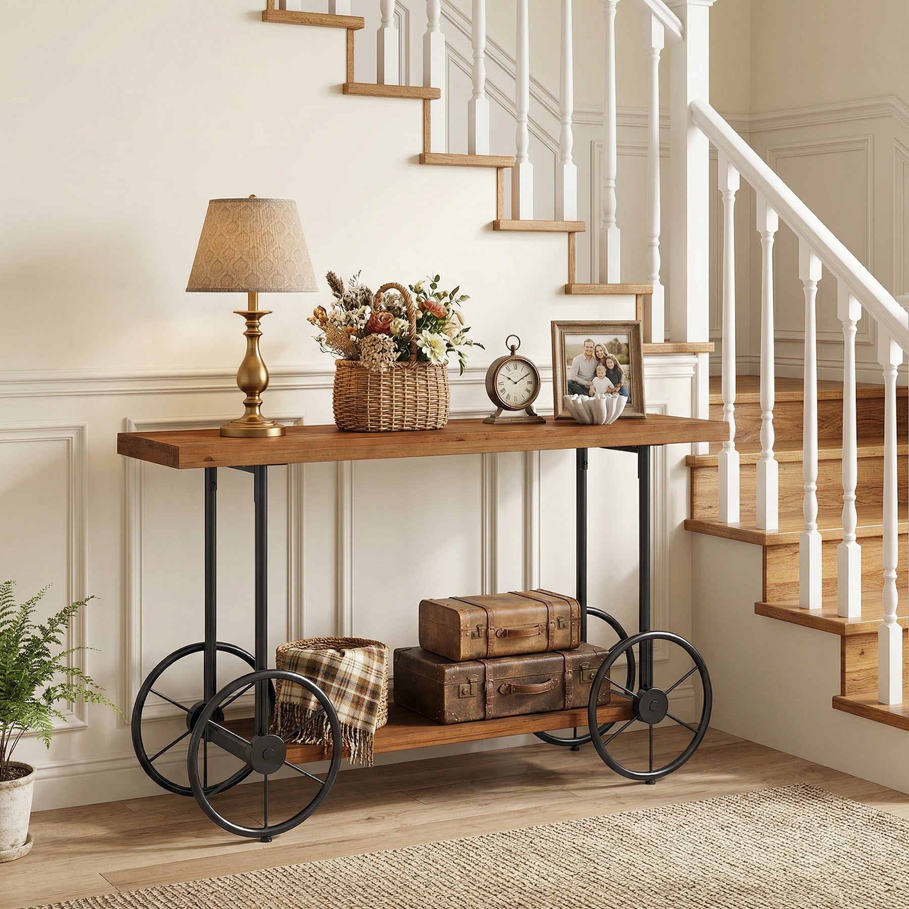 47" Solid Wood Industrial Console Table with 2-Tier Shelves – Narrow Entryway Sofa Table with Metal Base for Hallway or Living Room