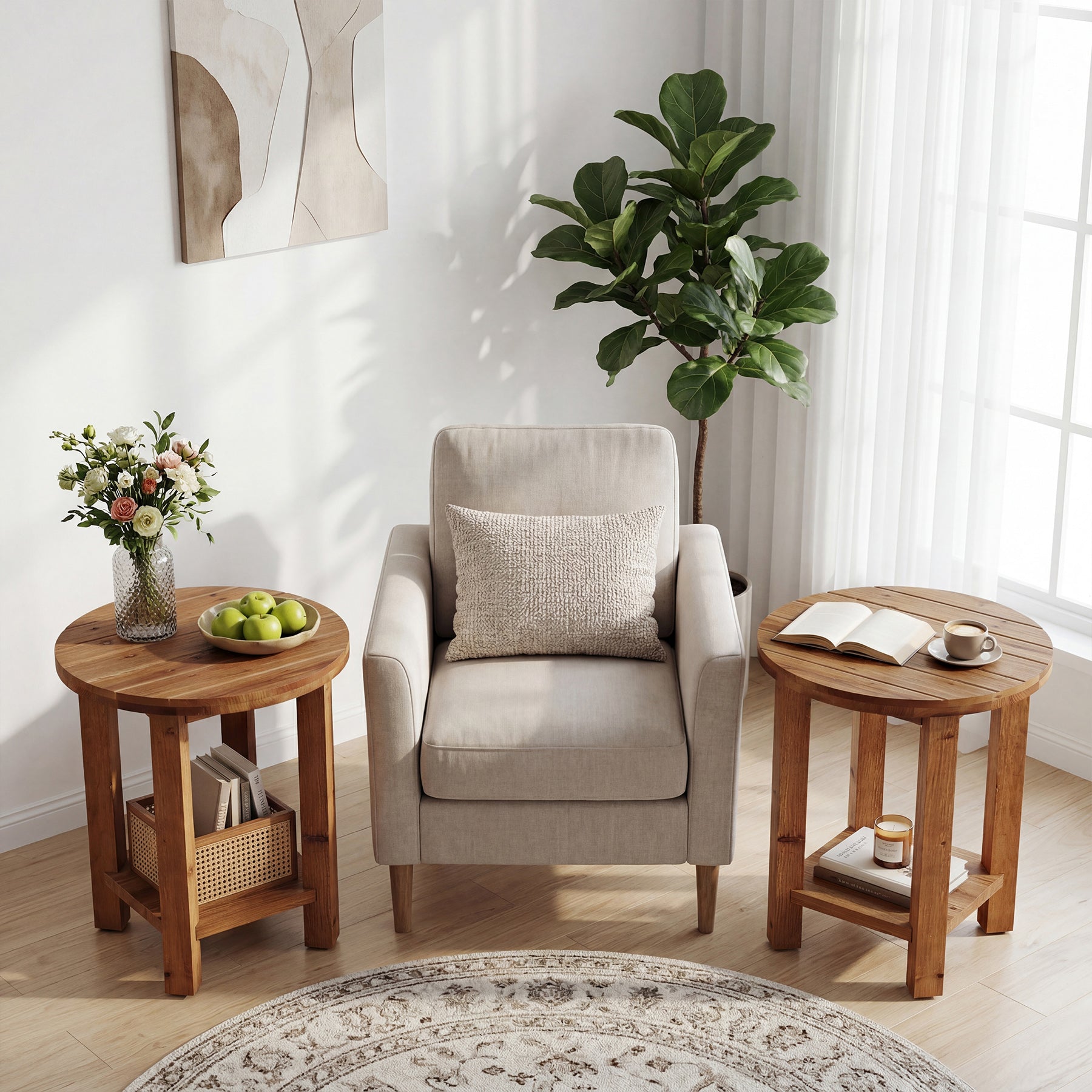 2-Tier End Table, Solid Wood Round Side Table with Grooved Textured Tabletop