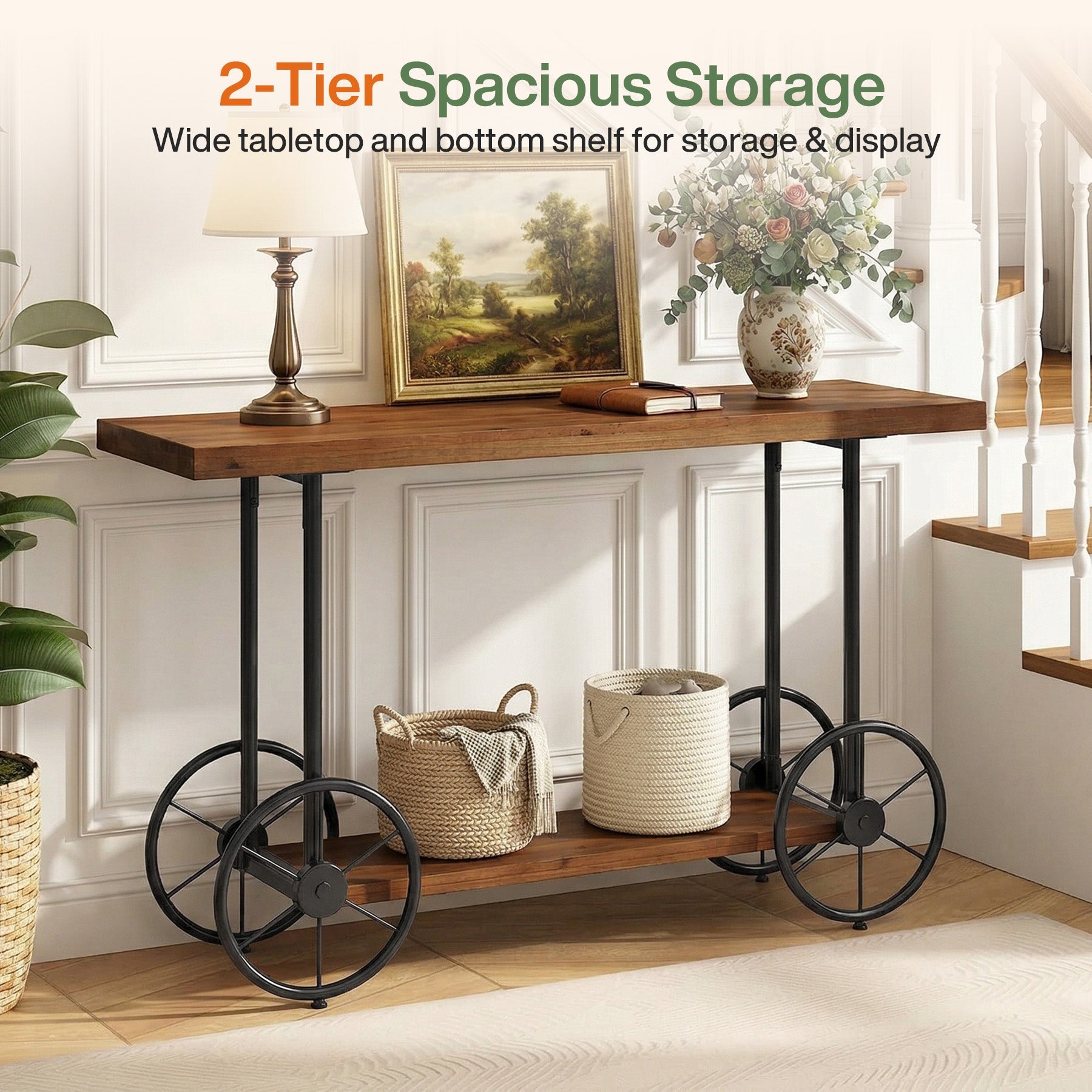 47" Solid Wood Industrial Console Table with 2-Tier Shelves – Narrow Entryway Sofa Table with Metal Base for Hallway or Living Room