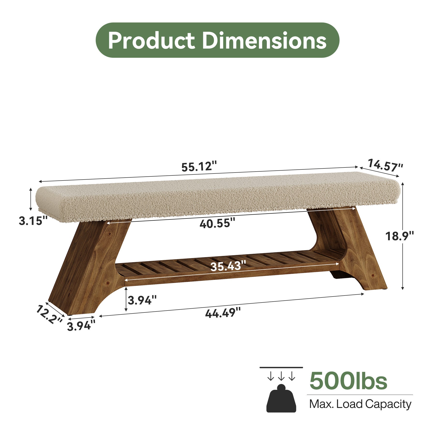 55" Solid Wood Upholstered Bench, 2-Tier Entryway Shoe Storage Bench