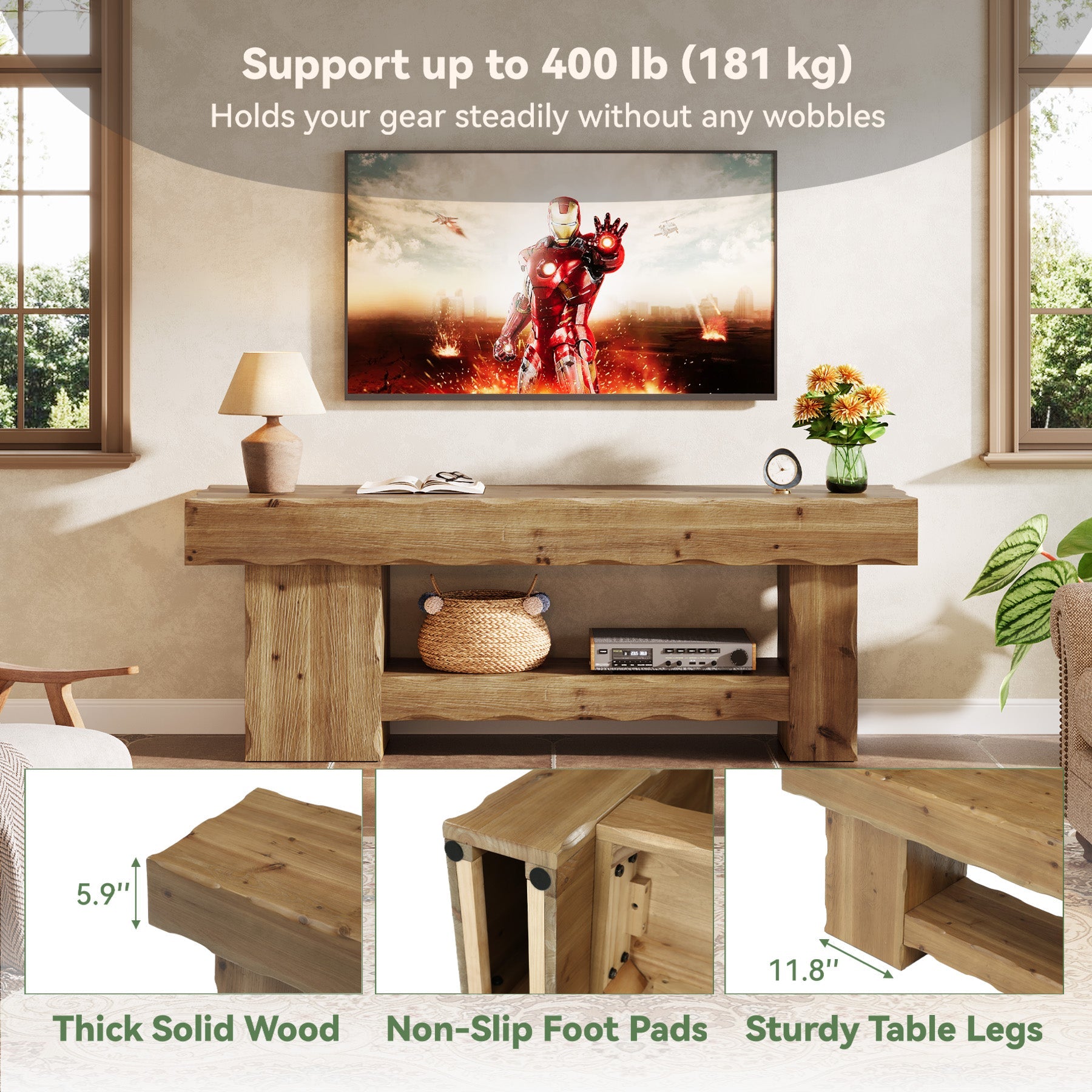 Solid Wood TV Stand for up to 75" TVs, 63" Media Console Entertainment with Shelves