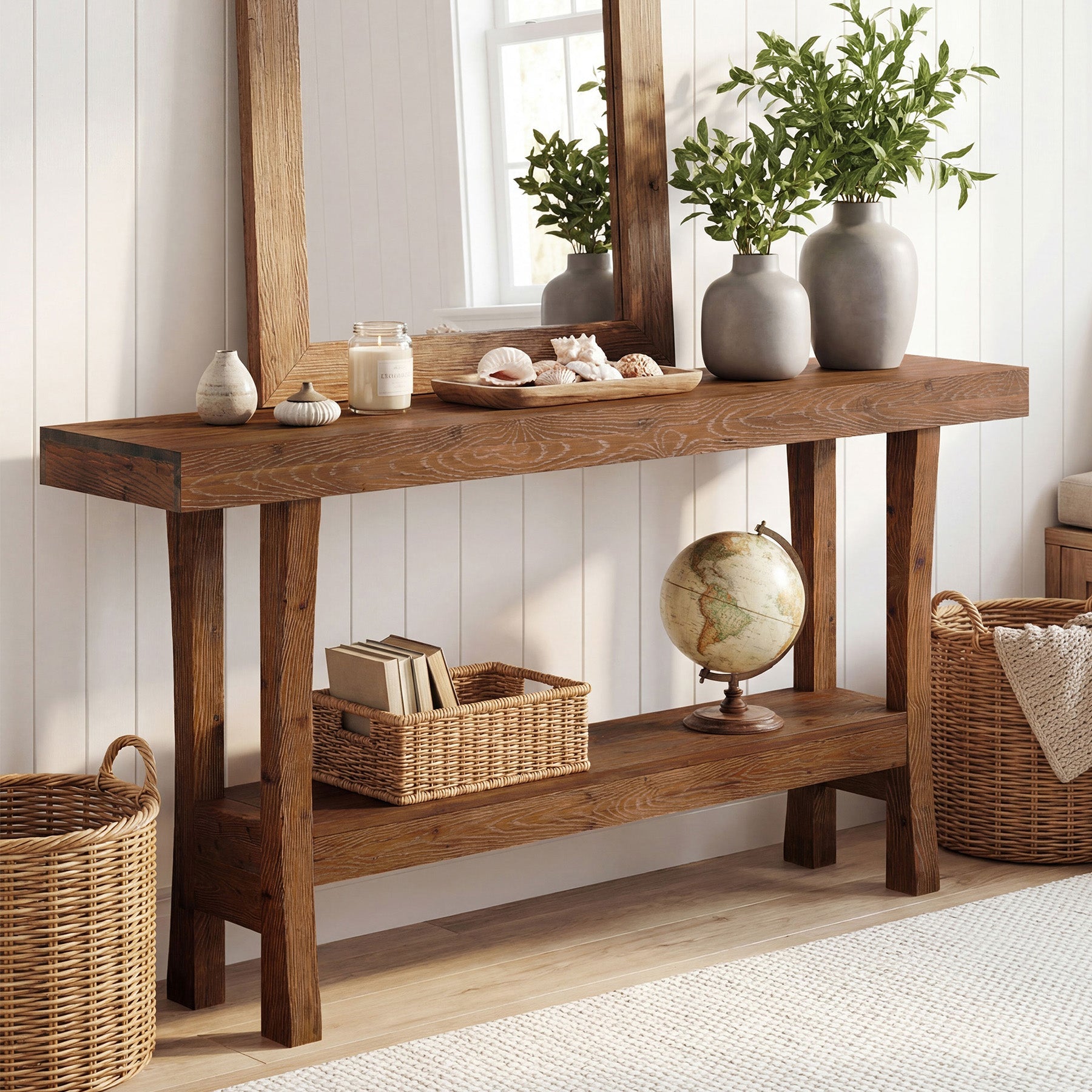 63" Farmhouse Solid Wood Console Table, Narrow Entryway Table with 2-Tier Storage Shelf for Hallway & Behind Sofa