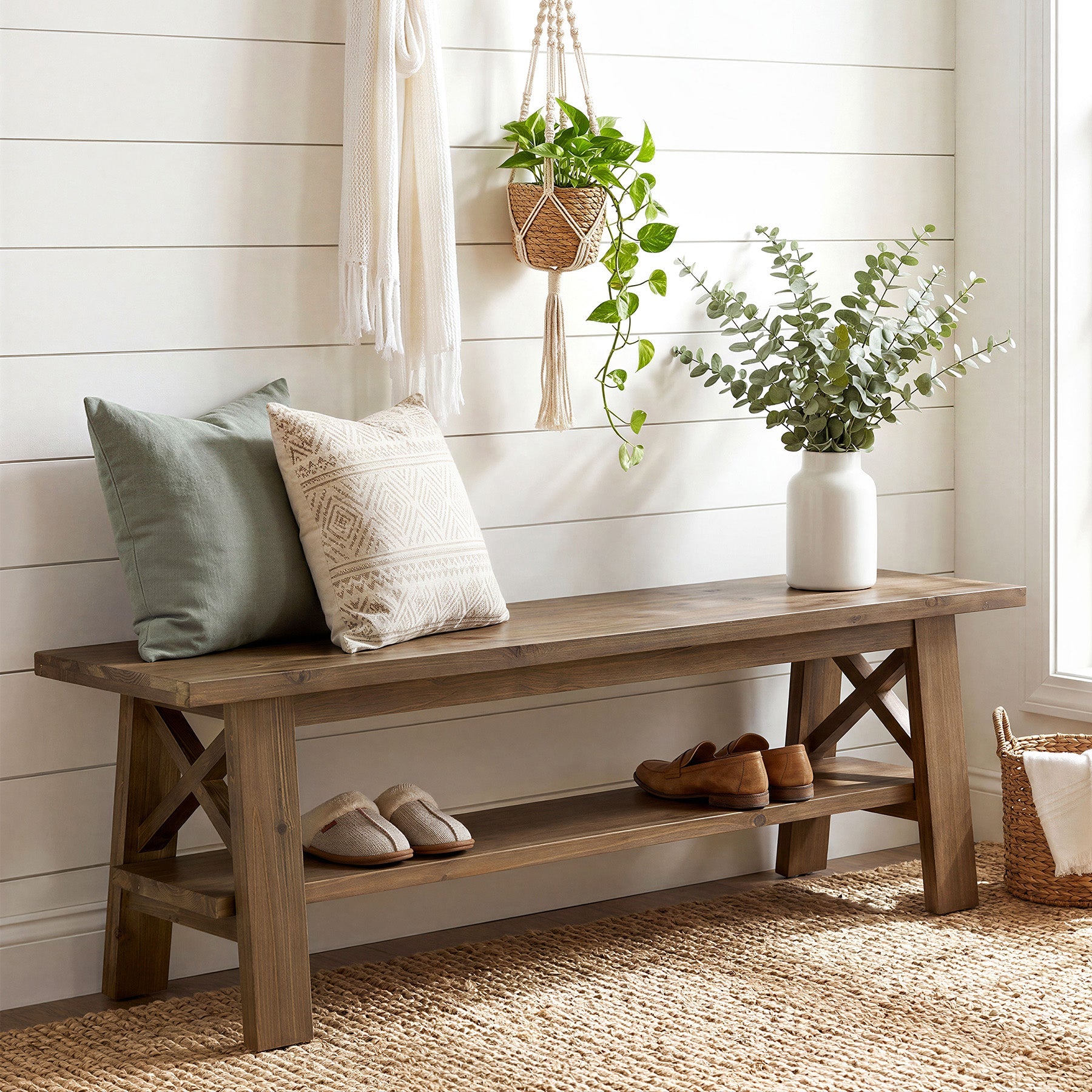 55" Entryway Shoe Bench, Solid Wood End of Bed Bench with Storage Shelf