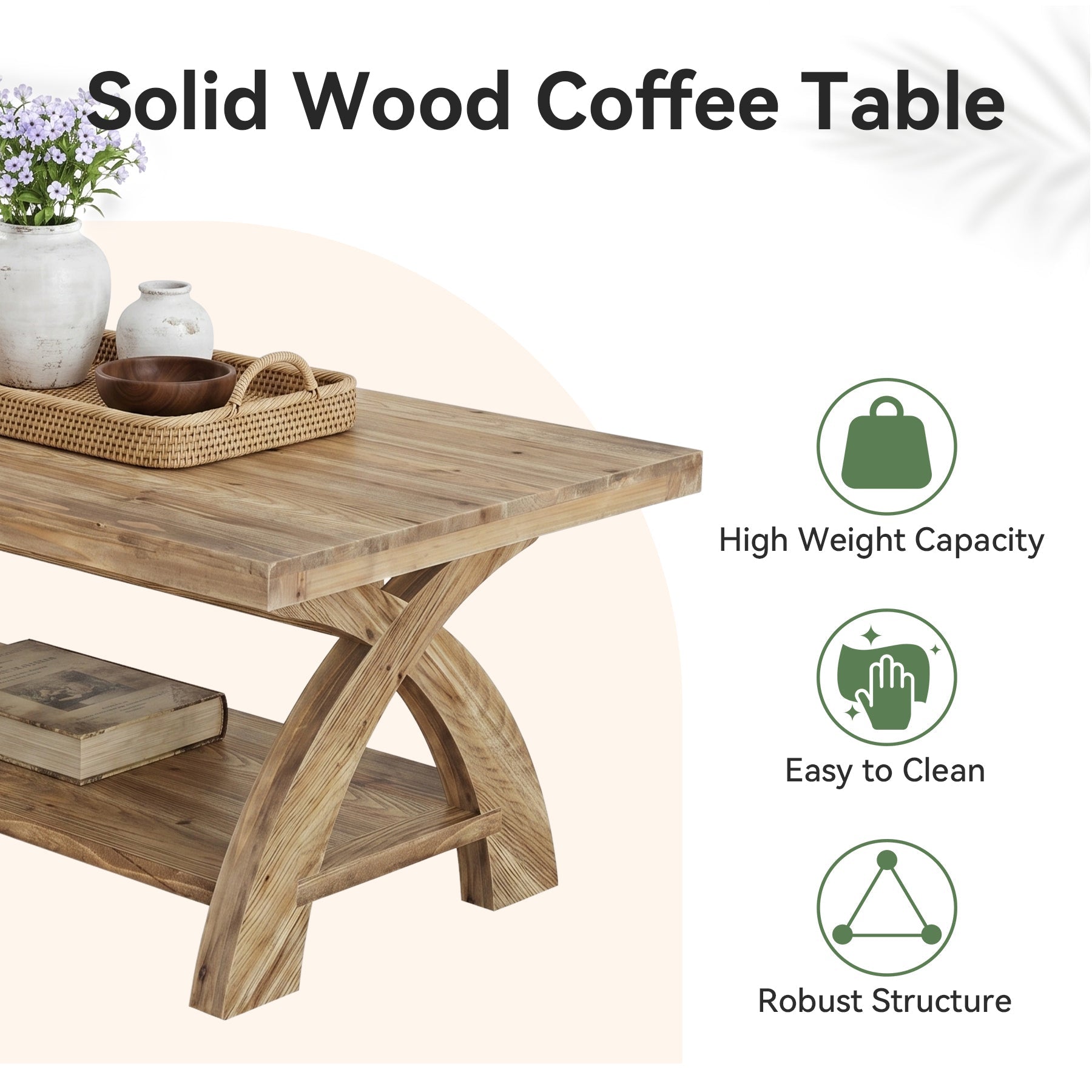 Tribesigns 47.24-Inch Solid Wood Coffee Table, X-Leg Center Table for Living Room