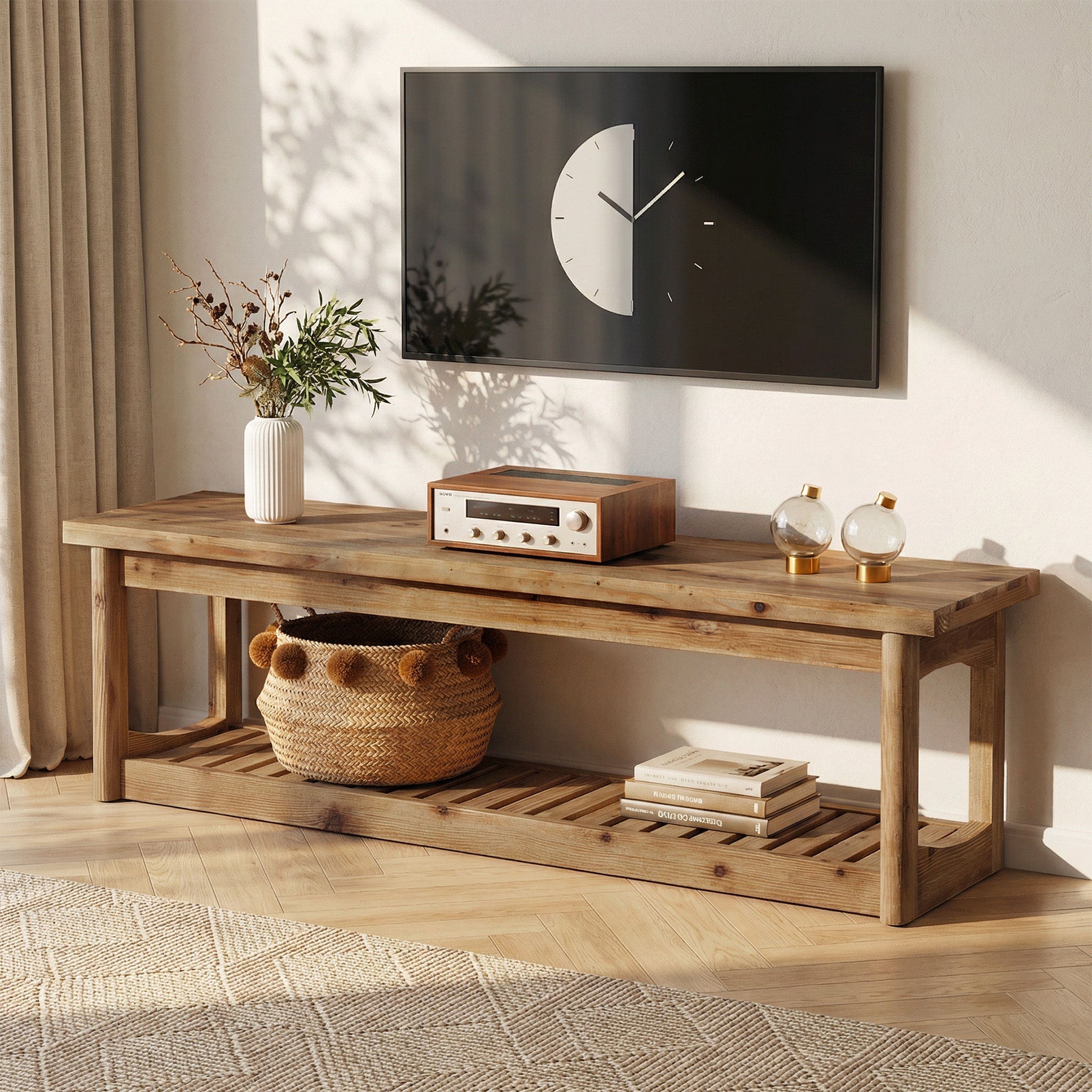 Solid Wood TV Stand, 63" Entertainment Center with Open Storage for Up to 70" TVs