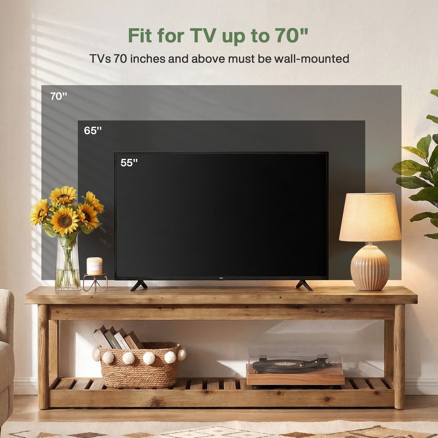 Solid Wood TV Stand, 63" Entertainment Center with Open Storage for Up to 70" TVs