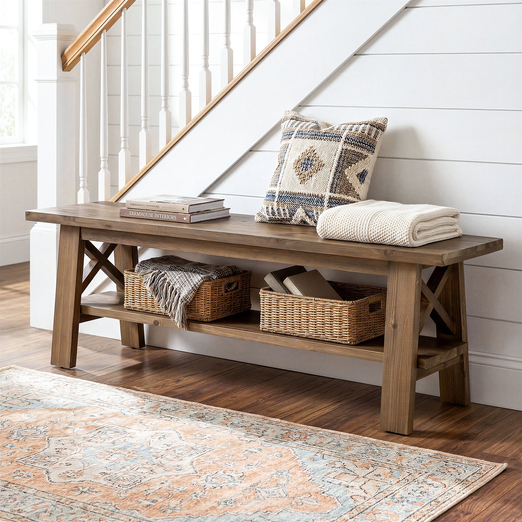 55" Entryway Shoe Bench, Solid Wood End of Bed Bench with Storage Shelf