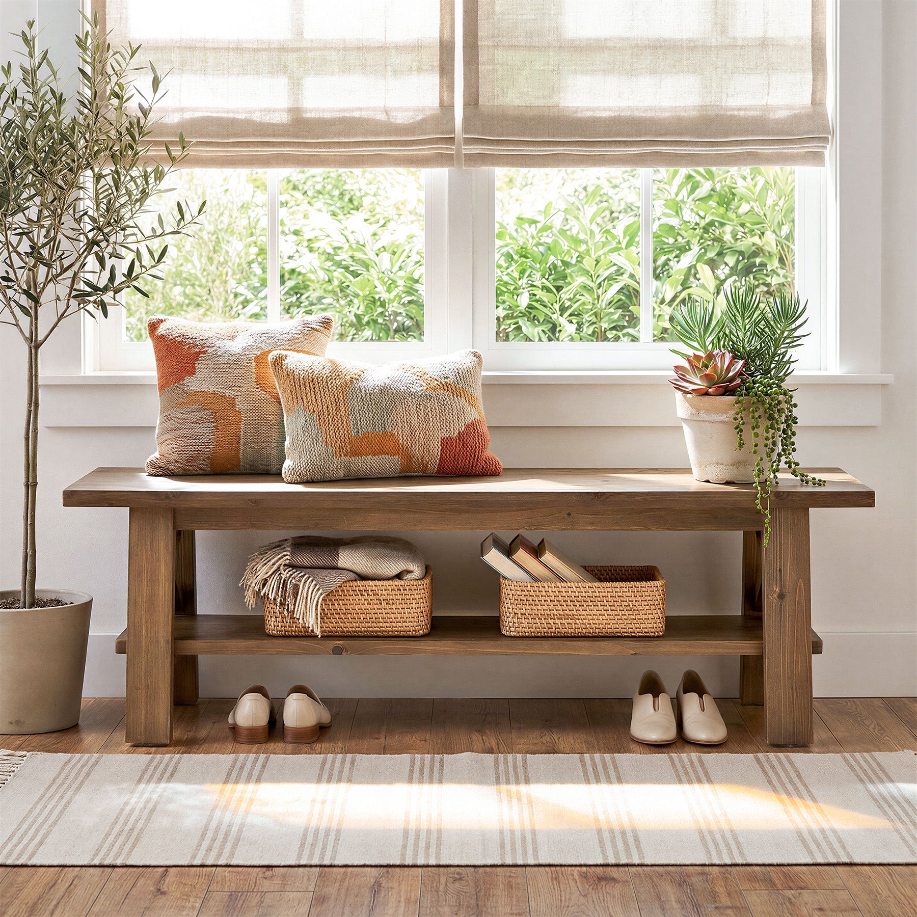 55" Entryway Shoe Bench, Solid Wood End of Bed Bench with Storage Shelf