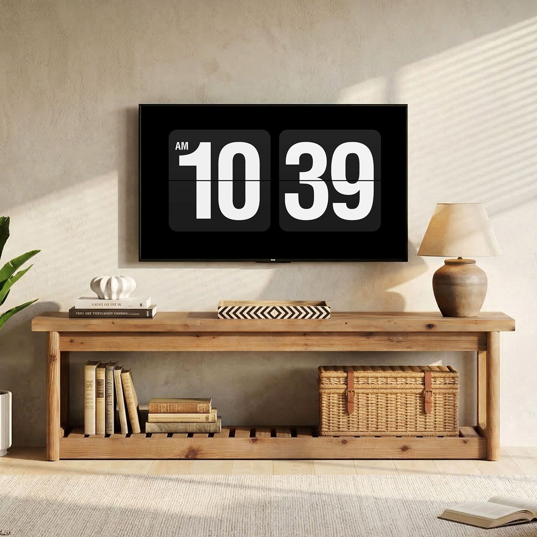 Solid Wood TV Stand, 63" Entertainment Center with Open Storage for Up to 70" TVs