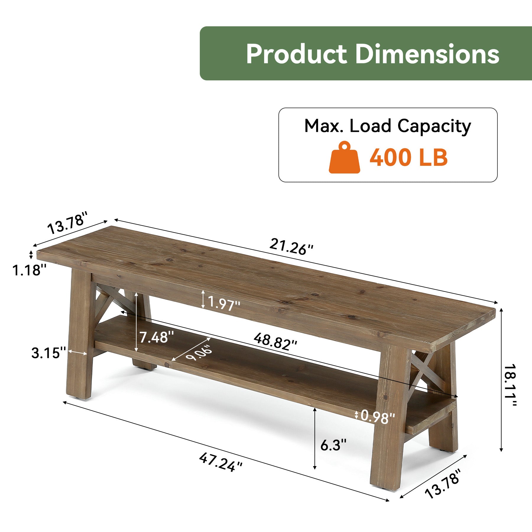 55" Entryway Shoe Bench, Solid Wood End of Bed Bench with Storage Shelf