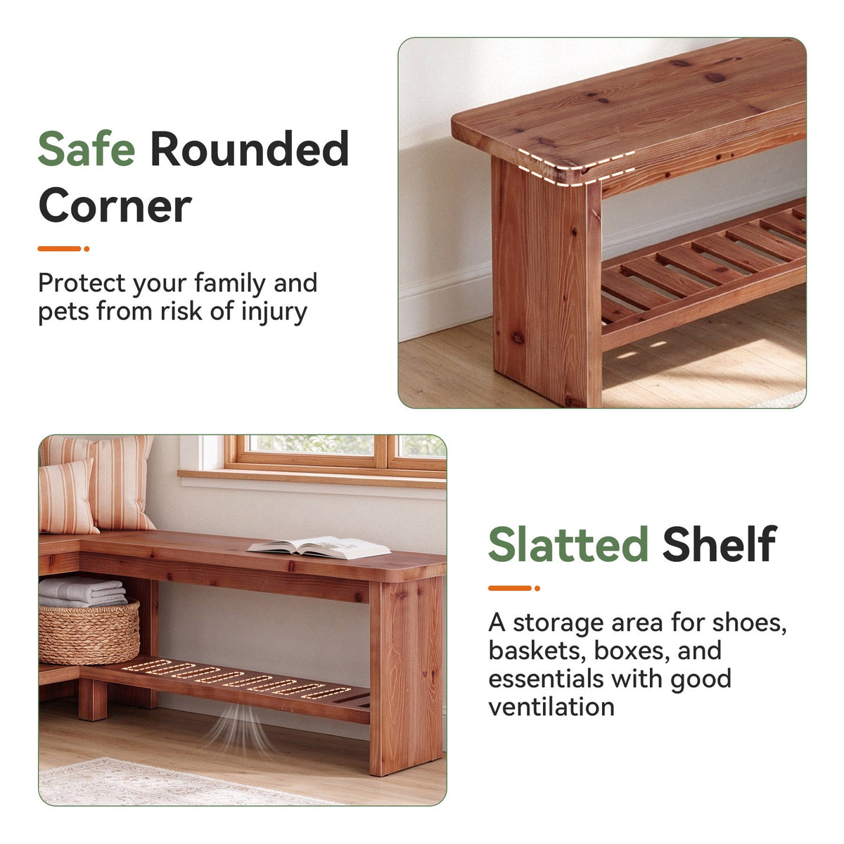 47" L-Shaped Breakfast Nook Bench, Solid Wood Corner Dining Bench with Storage Shelf