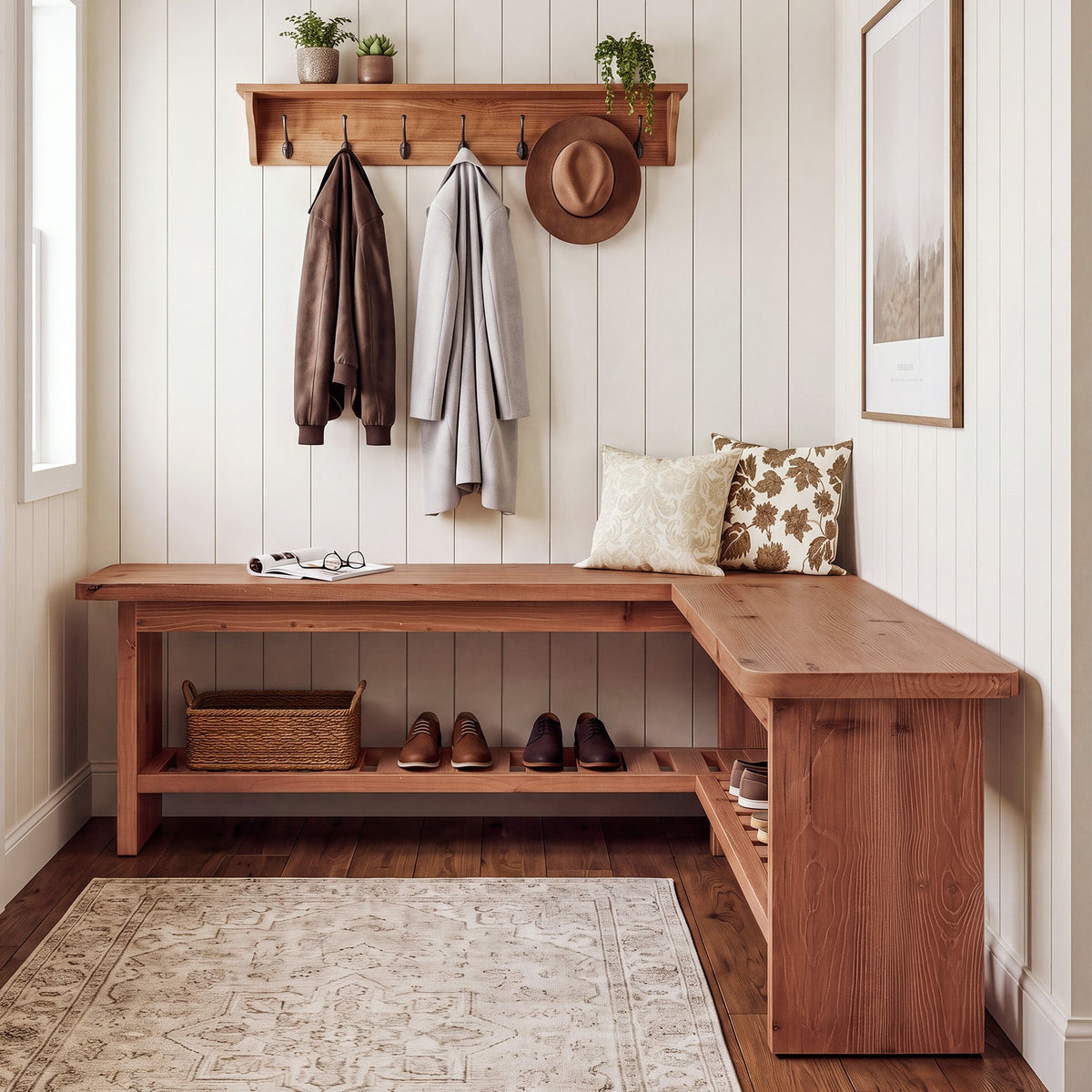 47" L-Shaped Breakfast Nook Bench, Solid Wood Corner Dining Bench with Storage Shelf