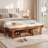 59" End of Bed Bench with Boucle Cushion & Storage Shelf, Rustic Solid Wood, Bedroom Hallway 3