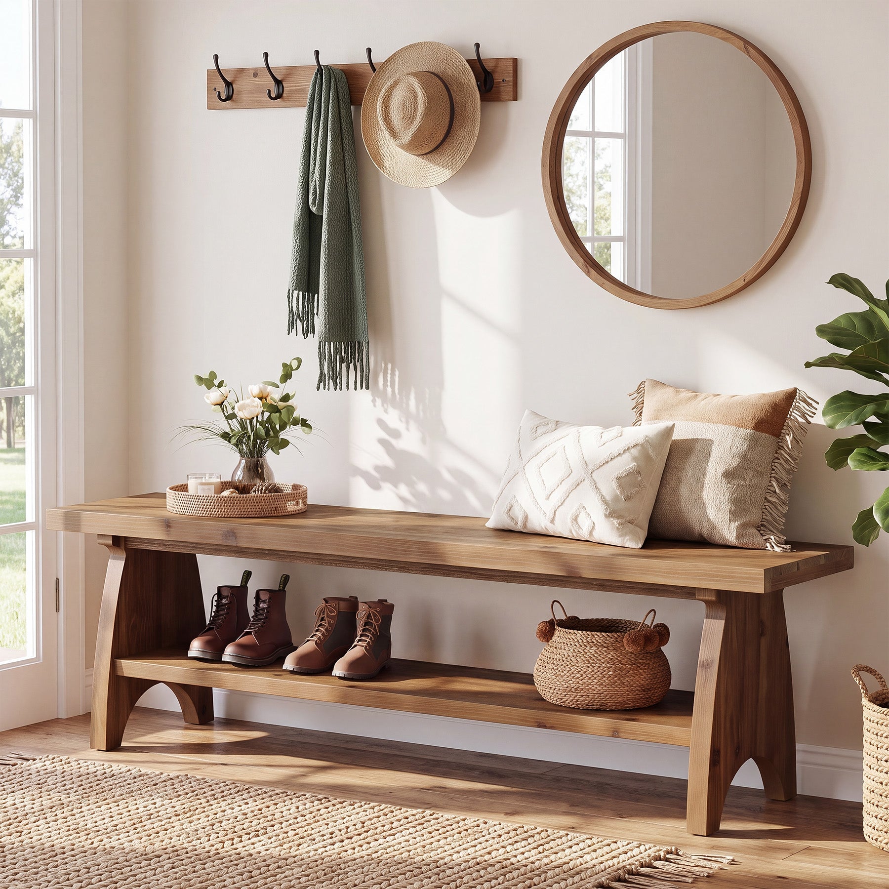 55" Farmhouse Entryway Bench with Shoe Storage & Open Shelf, Solid Wood, Hallway